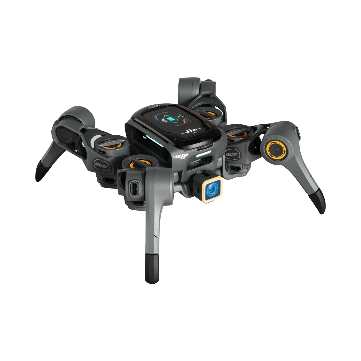 A gray drone with legs and a camera. It's on a black background.