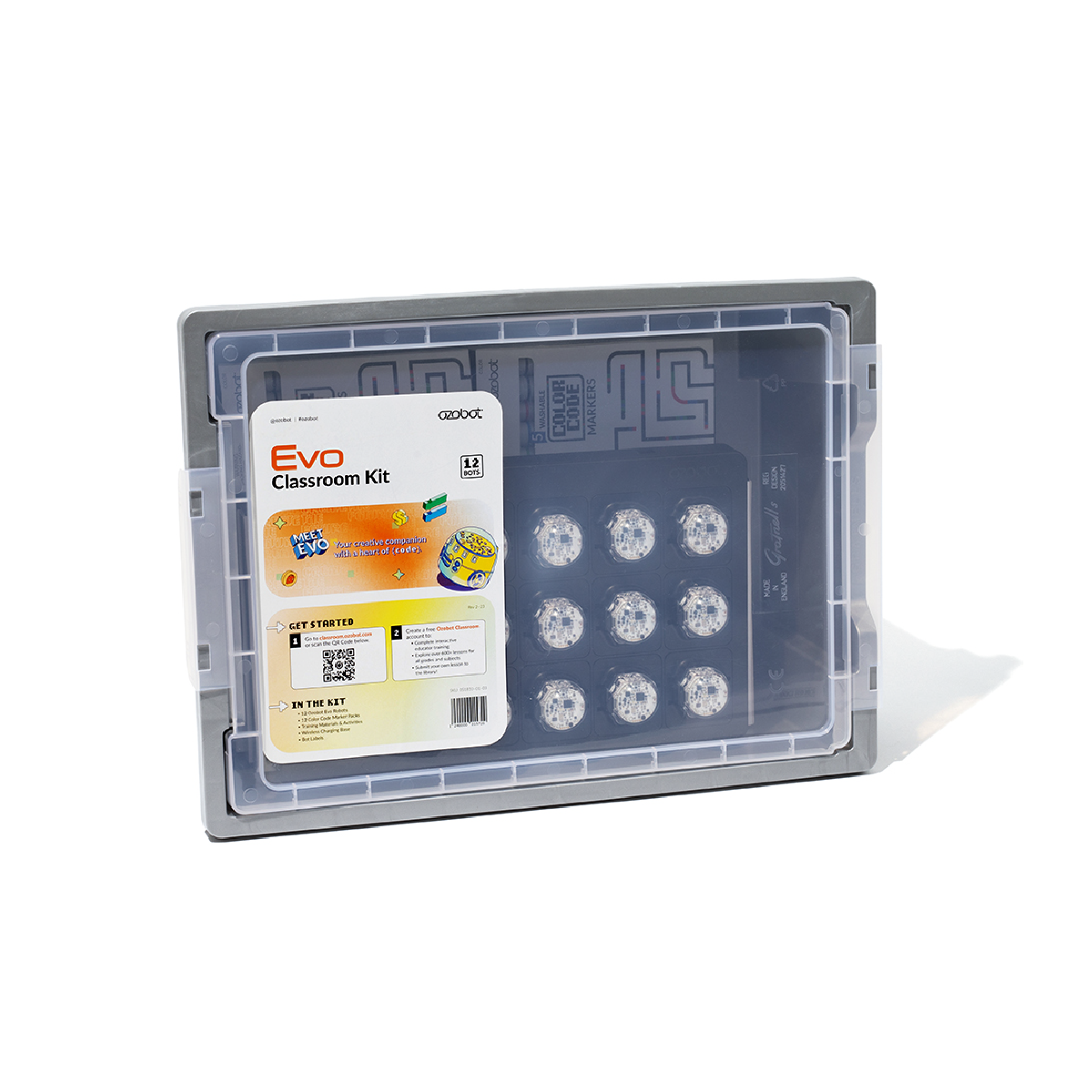 A transparent container with a classroom kit, including coding robots and materials.