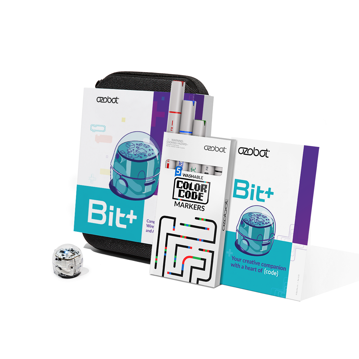 Een kit met stiften, een robot en een handleiding. De kit is voor coderen.