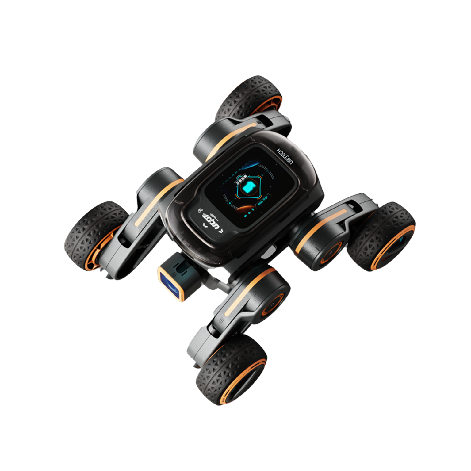 Un robot negro con detalles en naranja, sobre un fondo negro, ruedas visibles.