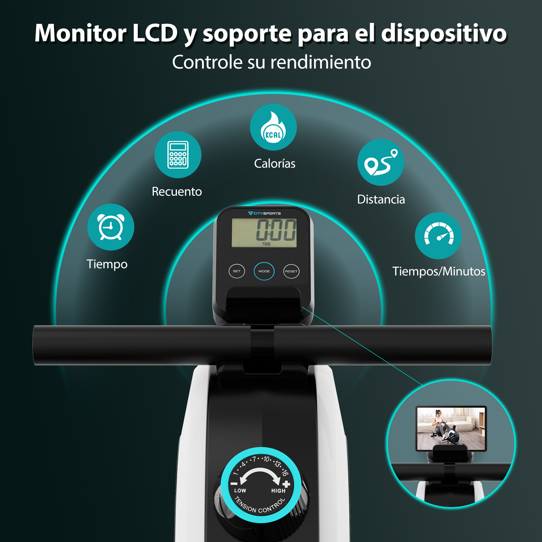 Monitor LCD con una máquina de remo. Muestra el tiempo, la distancia y las calorías. Panel de control con ajustes de tensión.