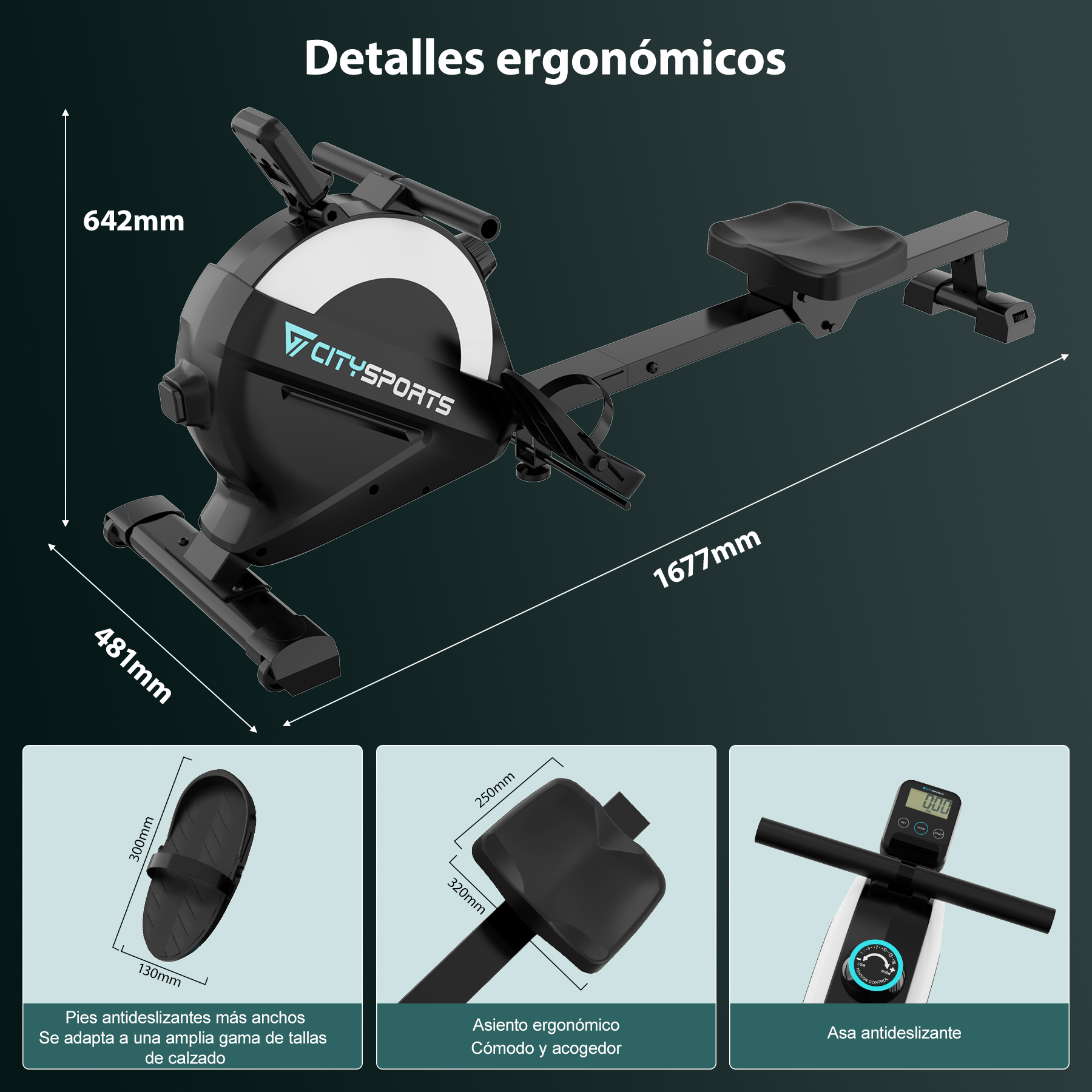 Máquina de remo con dimensiones y detalles. Combinación de colores blanco y negro. Asiento y manija ergonómicos.
