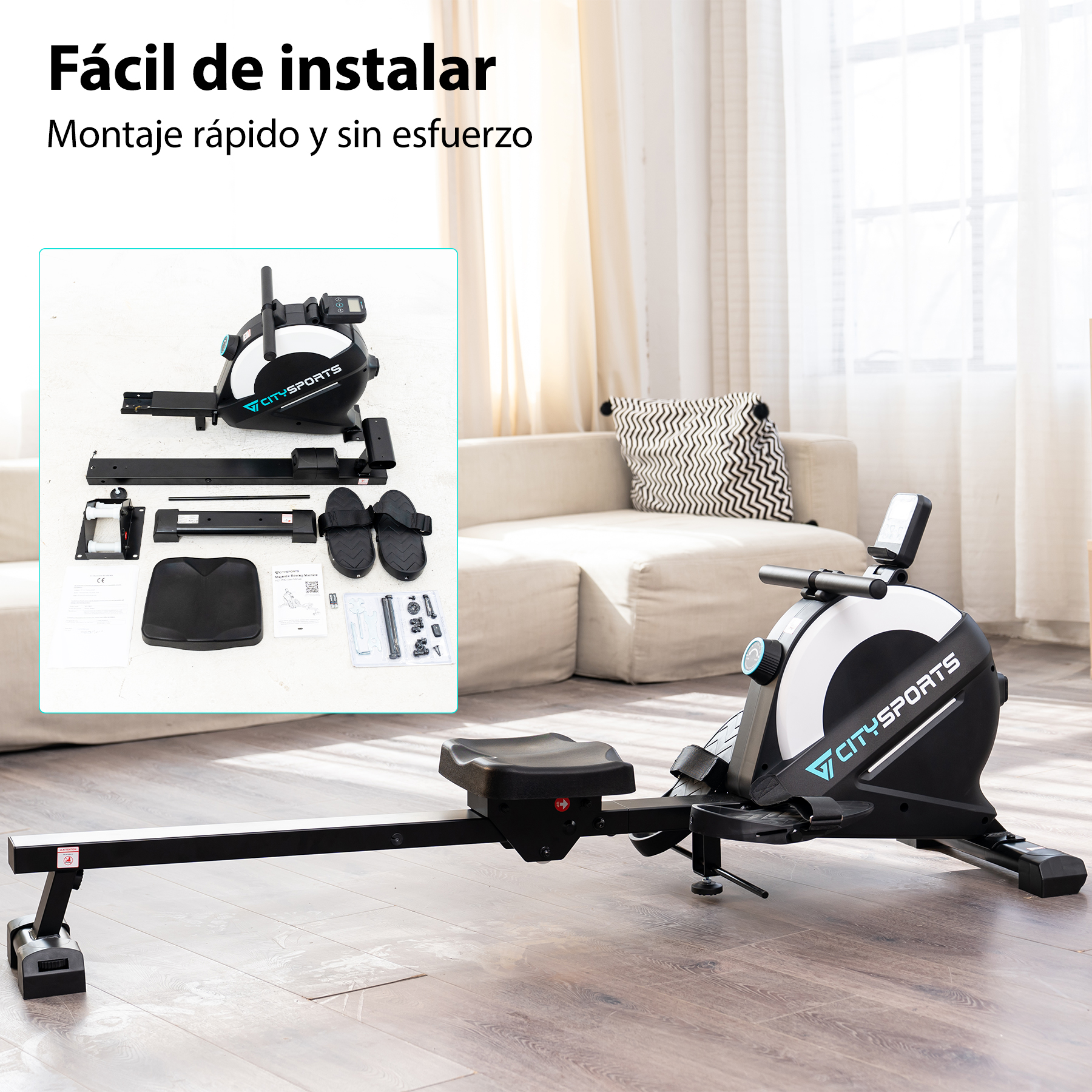 Máquina de remo con piezas y sofá en el fondo.