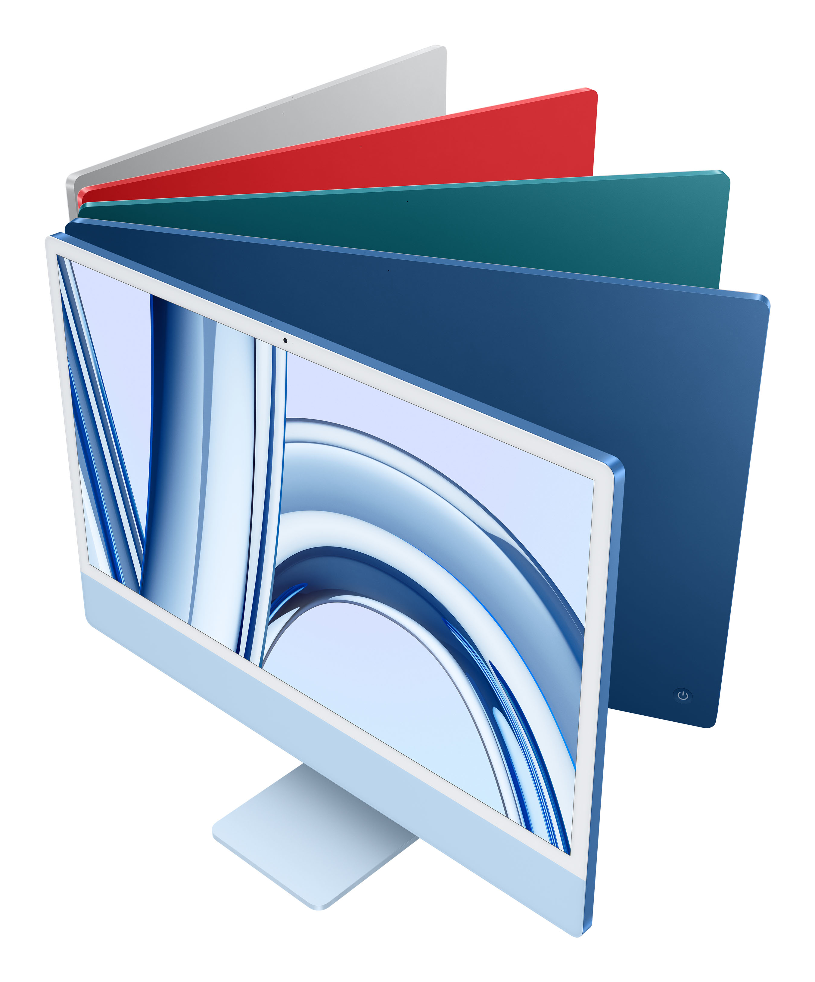 iMac z różnokolorowymi tyłami: czerwonym, zielonym, niebieskim i szarym.