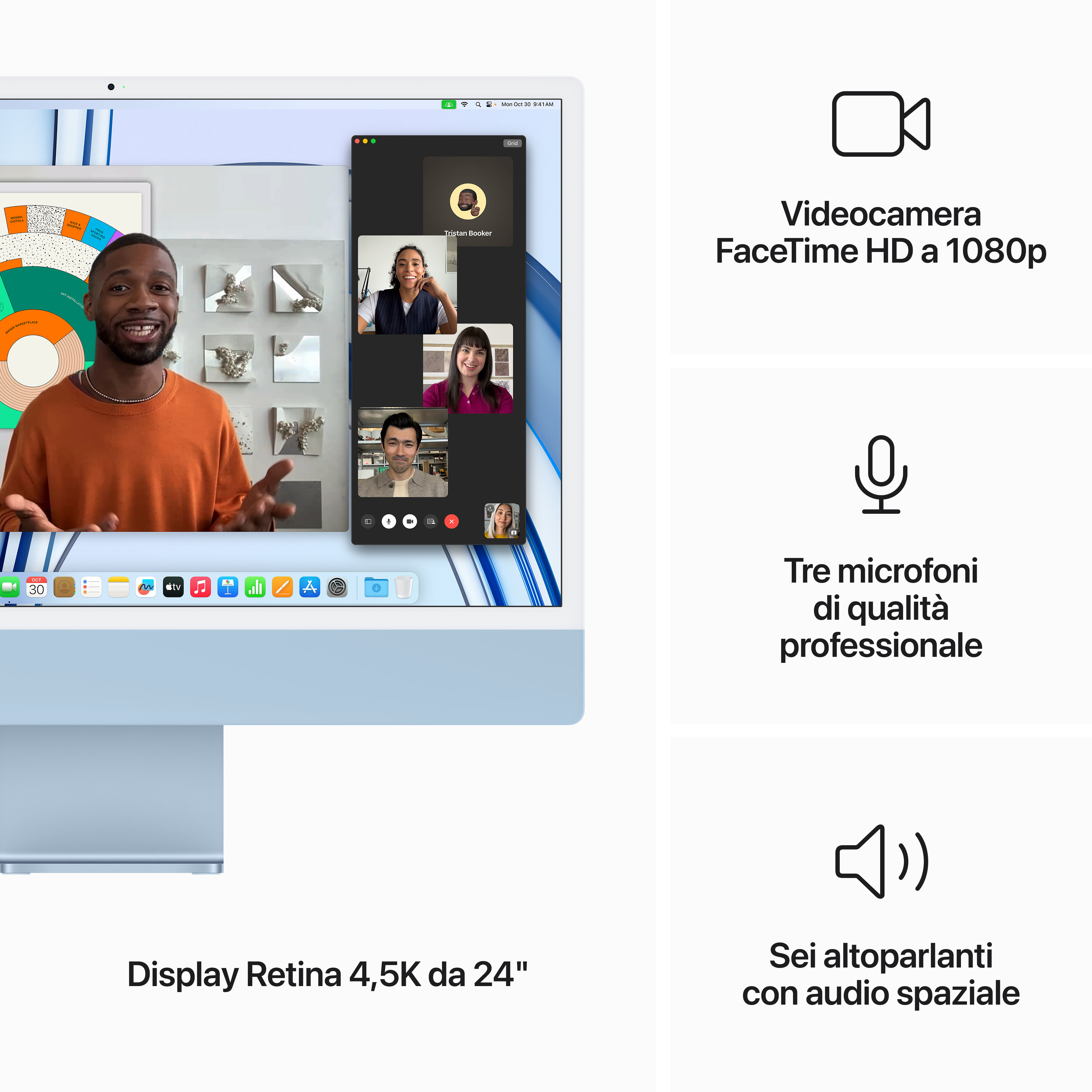 Apple iMac z interfejsem wideokonferencji, informacje o wyświetlaczu.