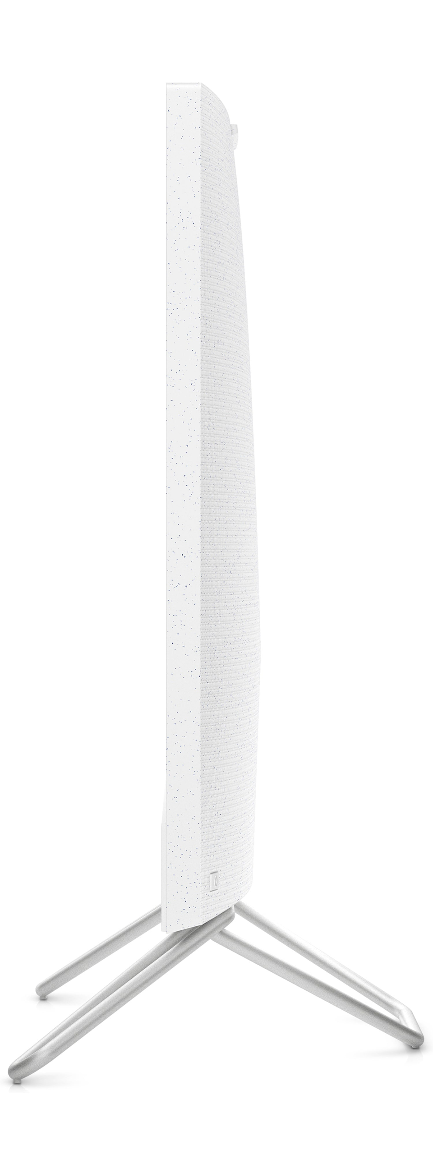 Biały monitor komputera o minimalistycznym designie. Ma cienką ramkę i srebrną podstawę.