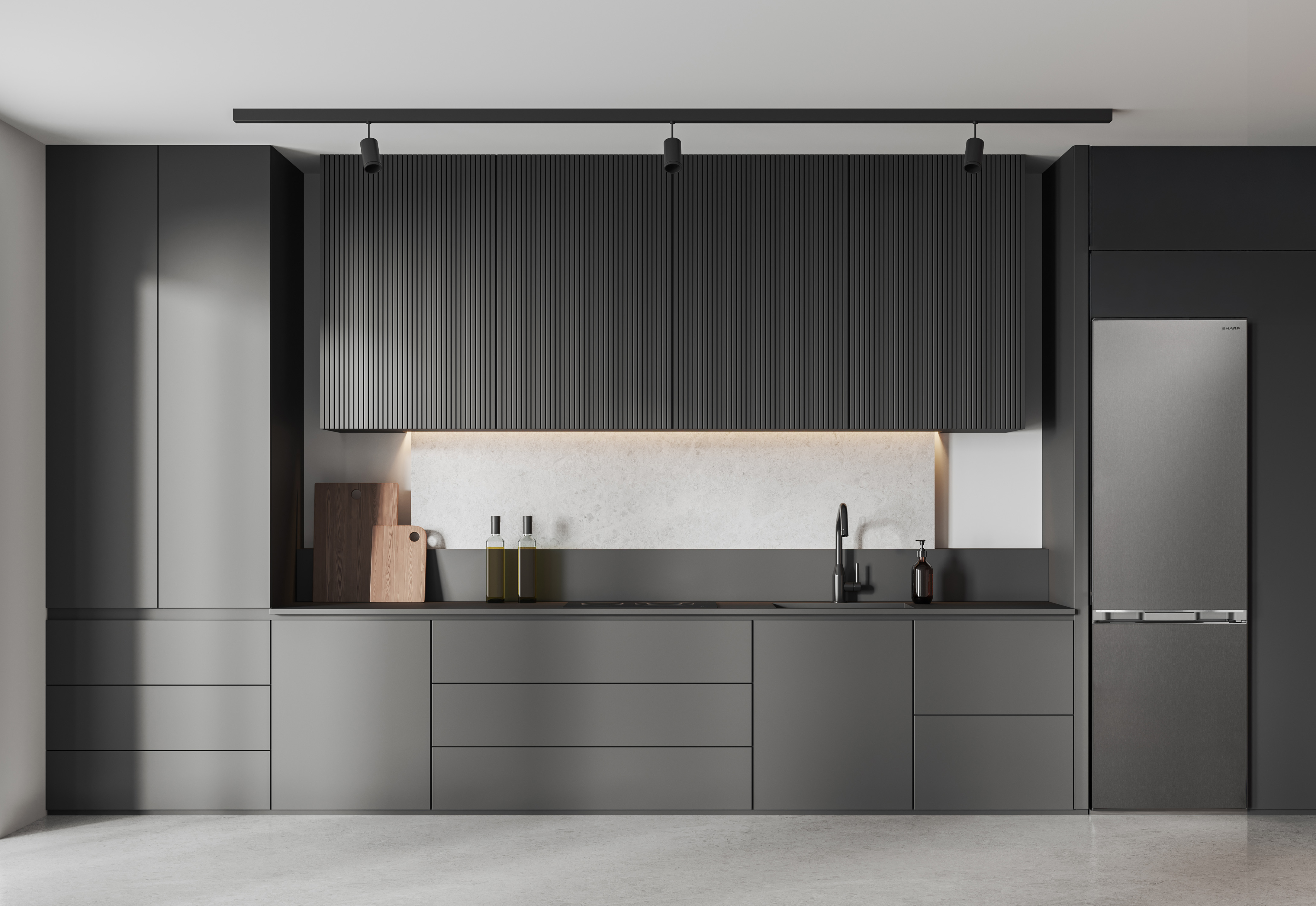 Modern kitchen with dark gray cabinets, a matching fridge, and a light-colored backsplash. Overhead lighting is present.