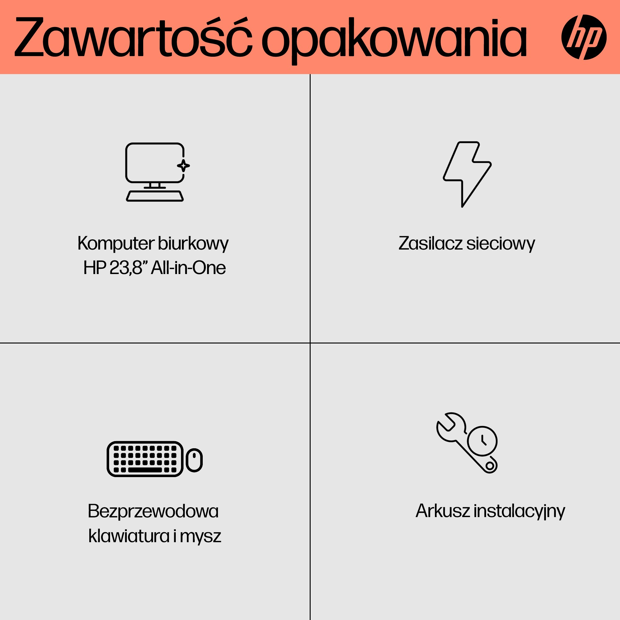 Cztery ikony: komputer, zasilacz, klawiatura/mysz i arkusz instalacyjny. Tekst brzmi 'Zawartosć opakowania'.