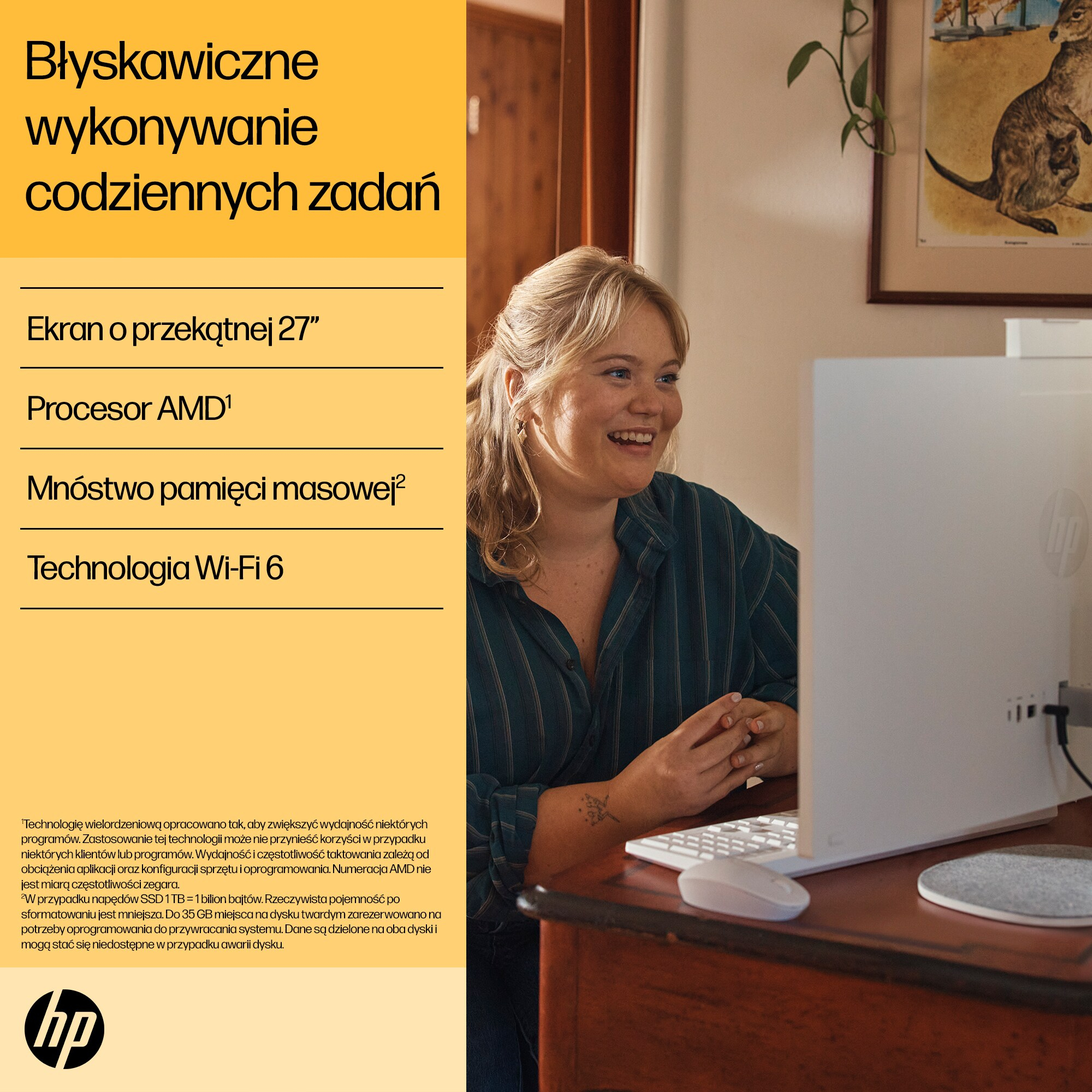Kobieta uśmiecha się podczas korzystania z komputera. Tekst brzmi 'Szybkie wykonywanie codziennych zadań' i wymienia specyfikacje.