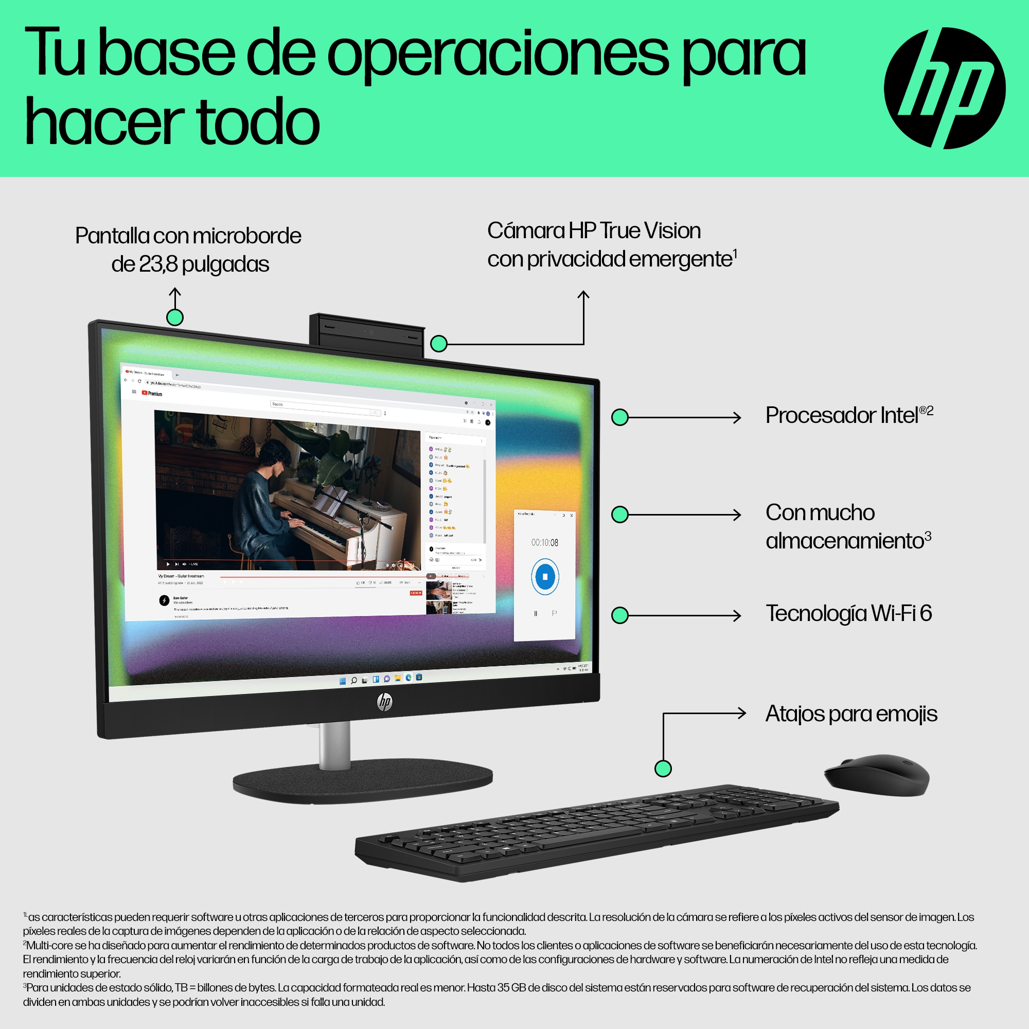 Un ordenador HP todo en uno con una pantalla que muestra un sitio web y anotaciones.