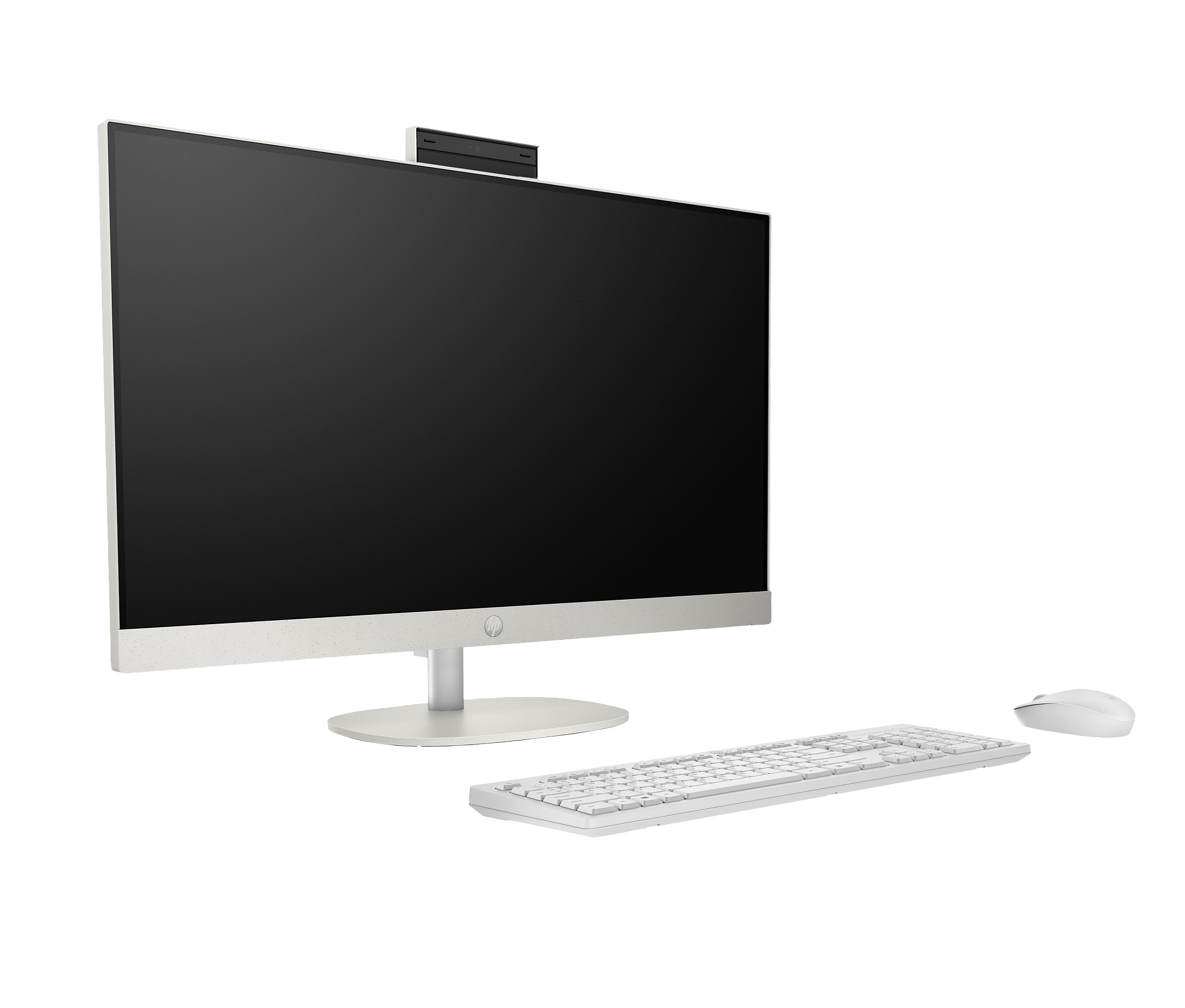 Computer all-in-one, tastiera e mouse bianchi su una superficie bianca.