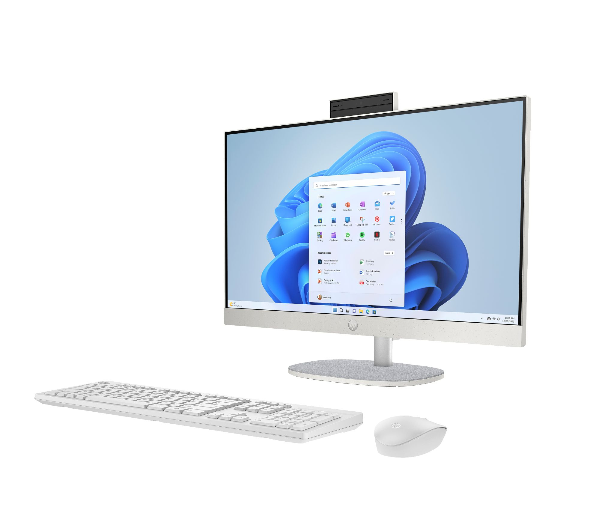 Komputer All-in-One z białą klawiaturą i myszą.