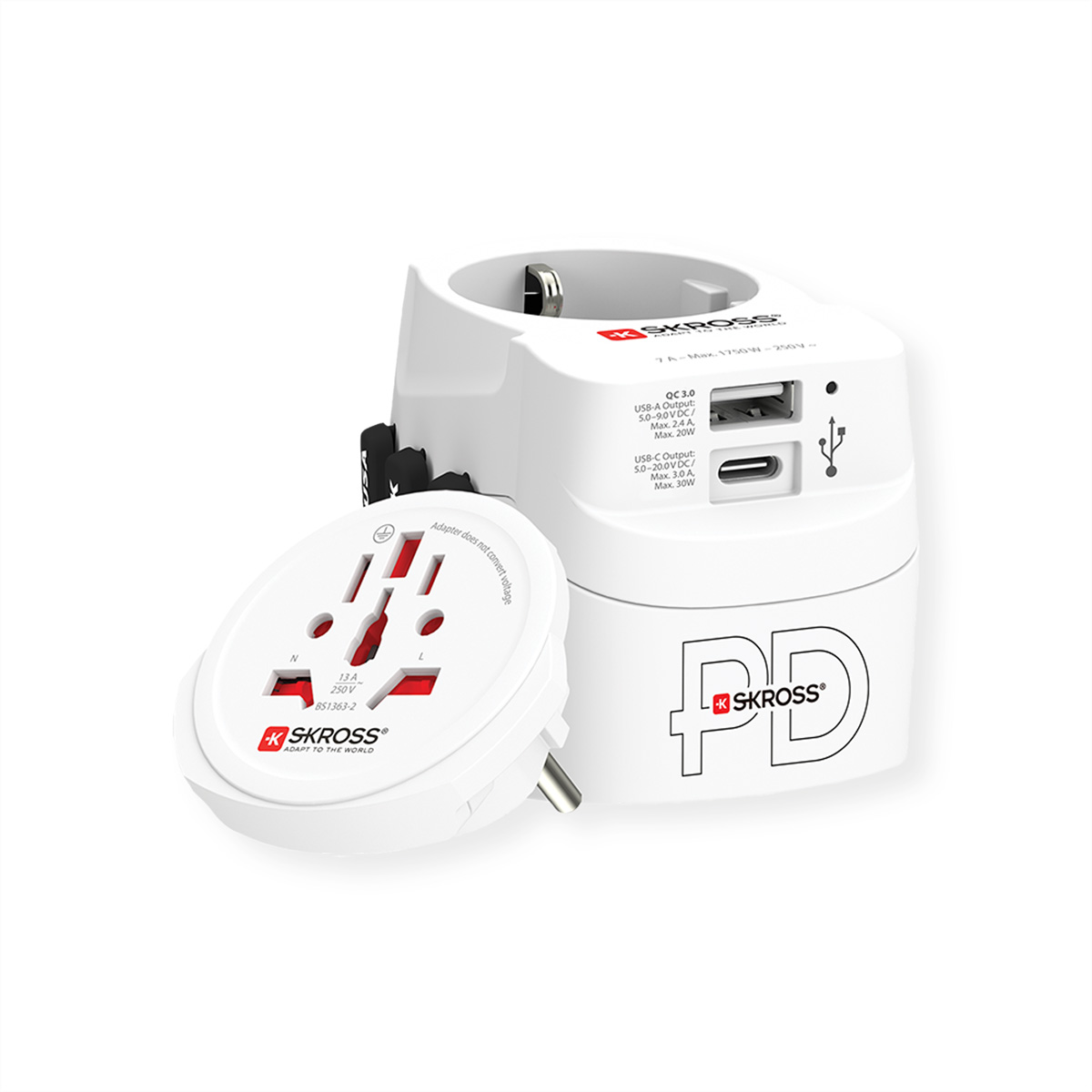 Adattatore universale bianco con spina staccabile. Testo: L'adattatore non converte la tensione.