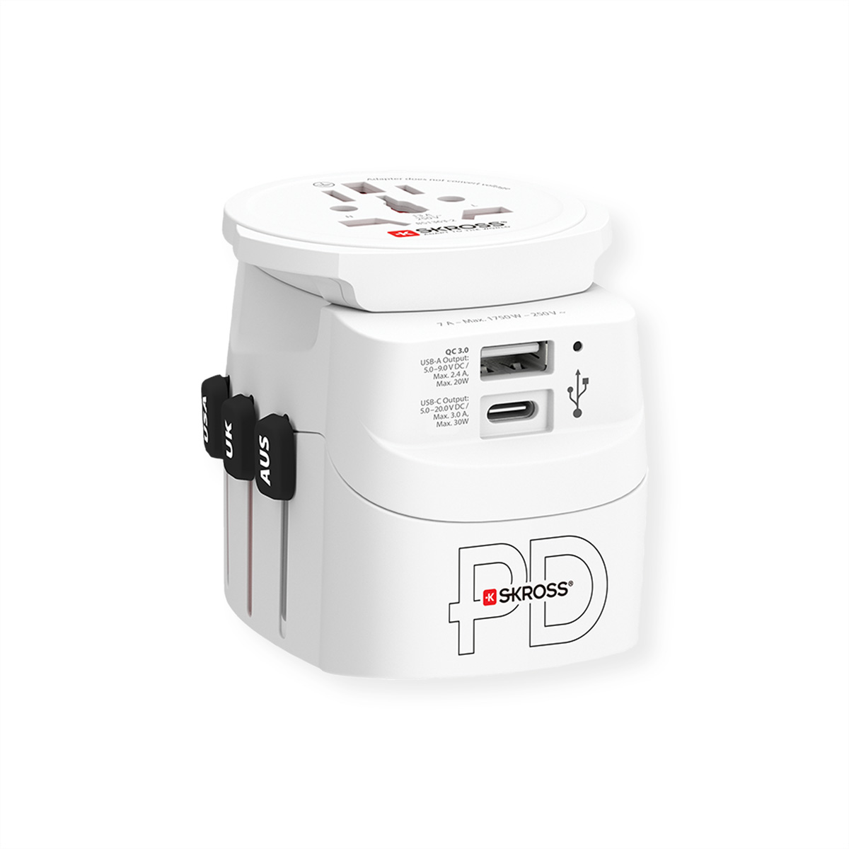 Un adattatore da viaggio bianco con diversi tipi di spina e porte USB.