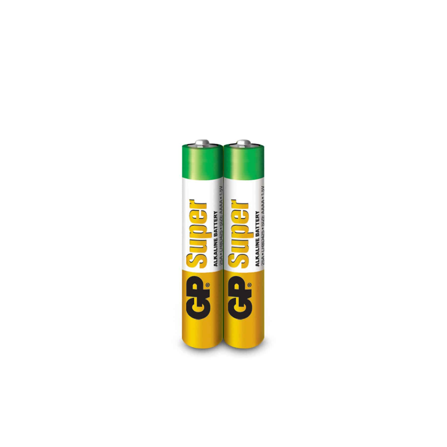 Due batterie alcaline GP Super sono in piedi su una superficie bianca, di colore verde e giallo.