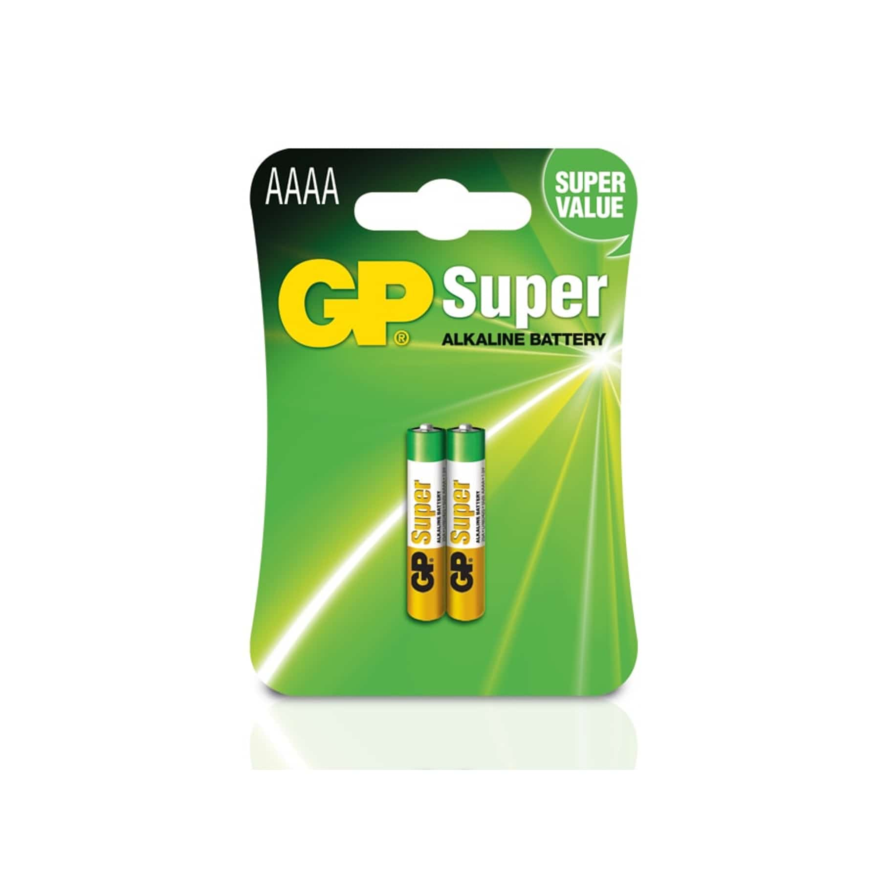 Una confezione di batterie alcaline GP Super, di colore verde e giallo, con due batterie all'interno.