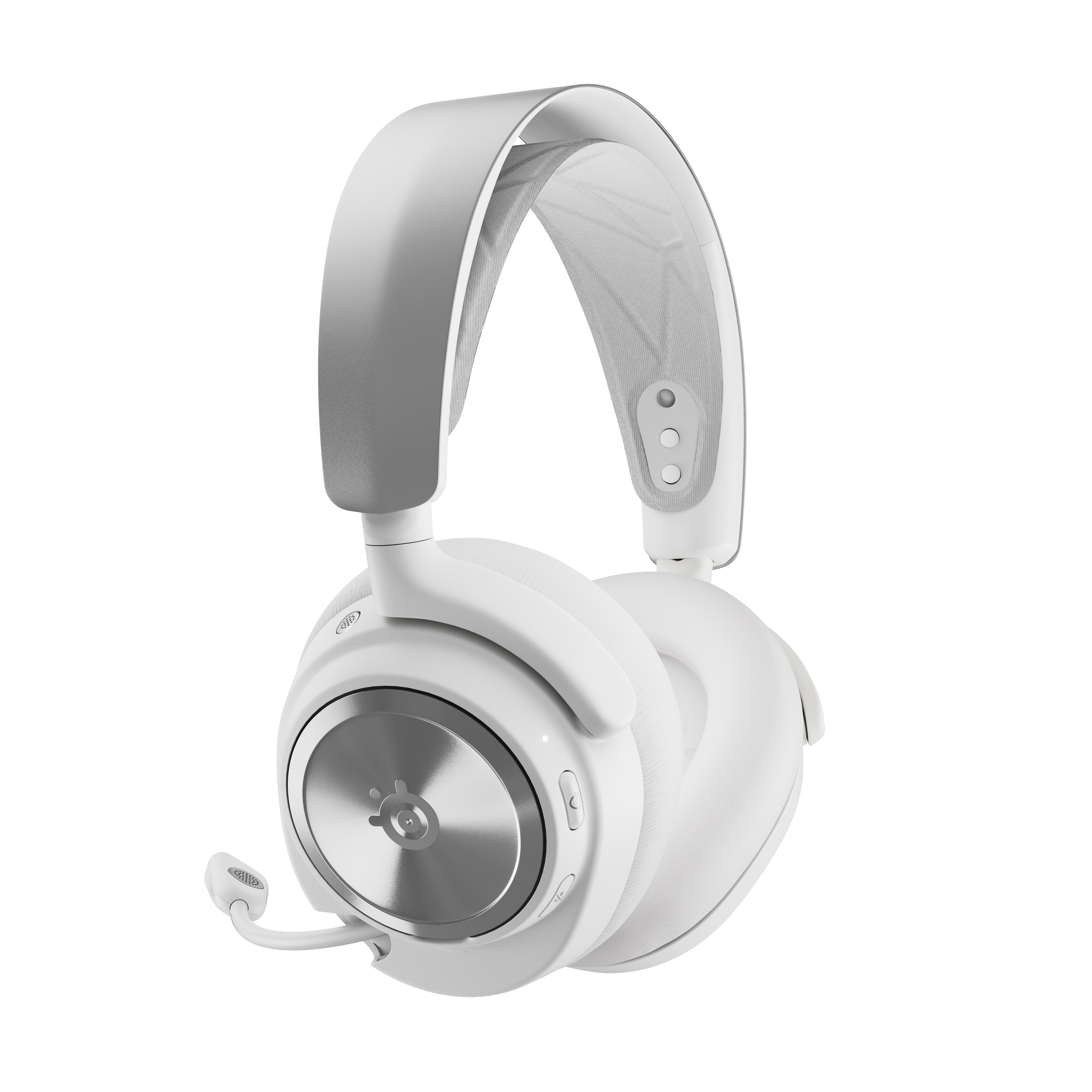 Witte SteelSeries Arctis Nova Pro draadloze gaming headset. Het heeft een microfoon en knoppen.