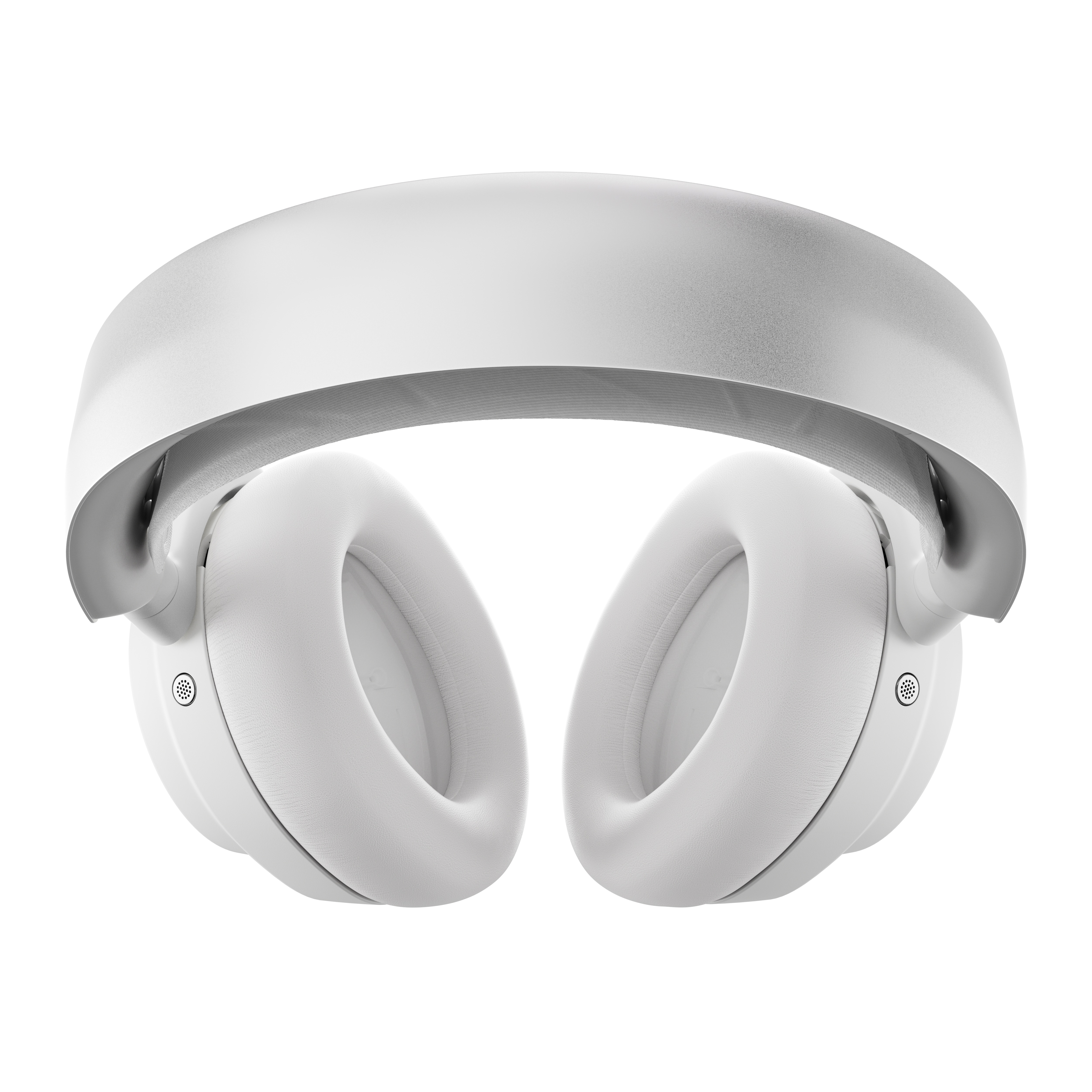 Witte koptelefoon met een zilveren band. De oorschelpen zijn groot en cirkelvormig.