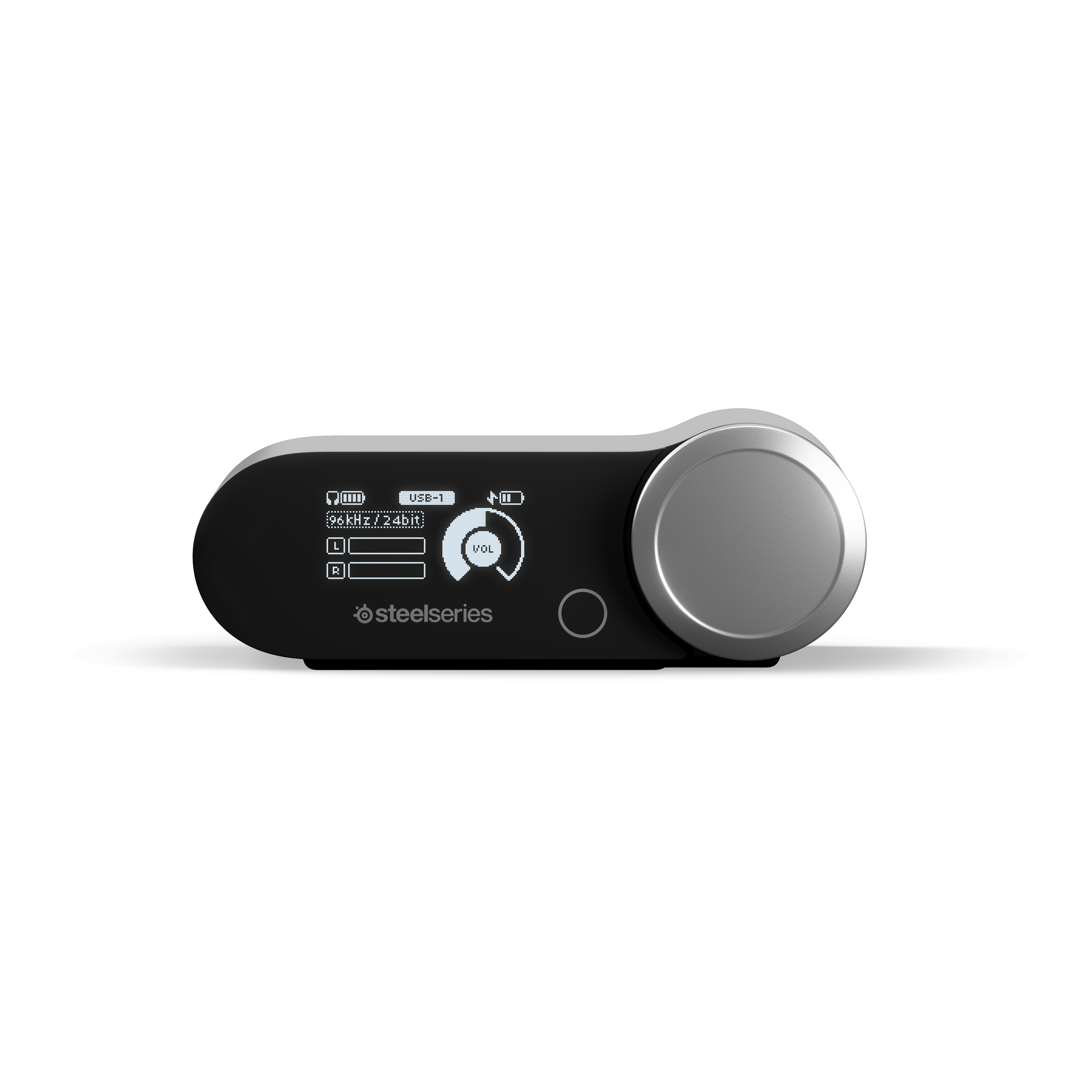 Zwart en zilver Steelseries audioapparaat met volumeregeling.