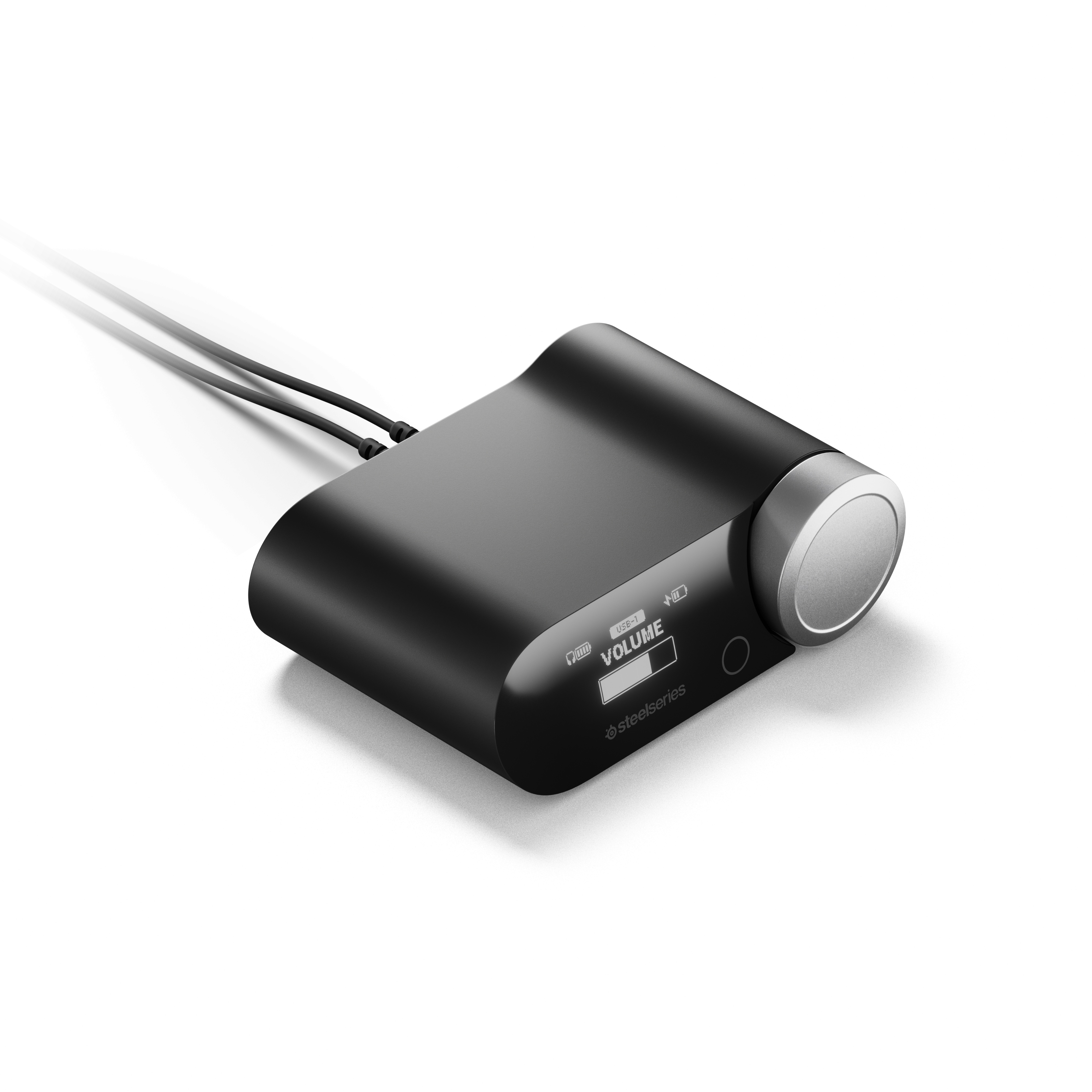 Czarne urządzenie audio z pokrętłem głośności, przyciskiem zasilania oraz wejściem/wyjściem audio na białym tle.