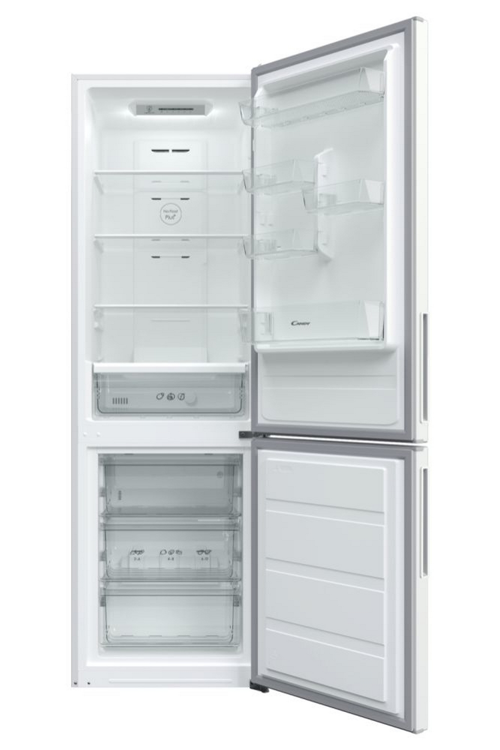 Frigorifero bianco con porta aperta, che mostra ripiani, cassetti e scomparti.