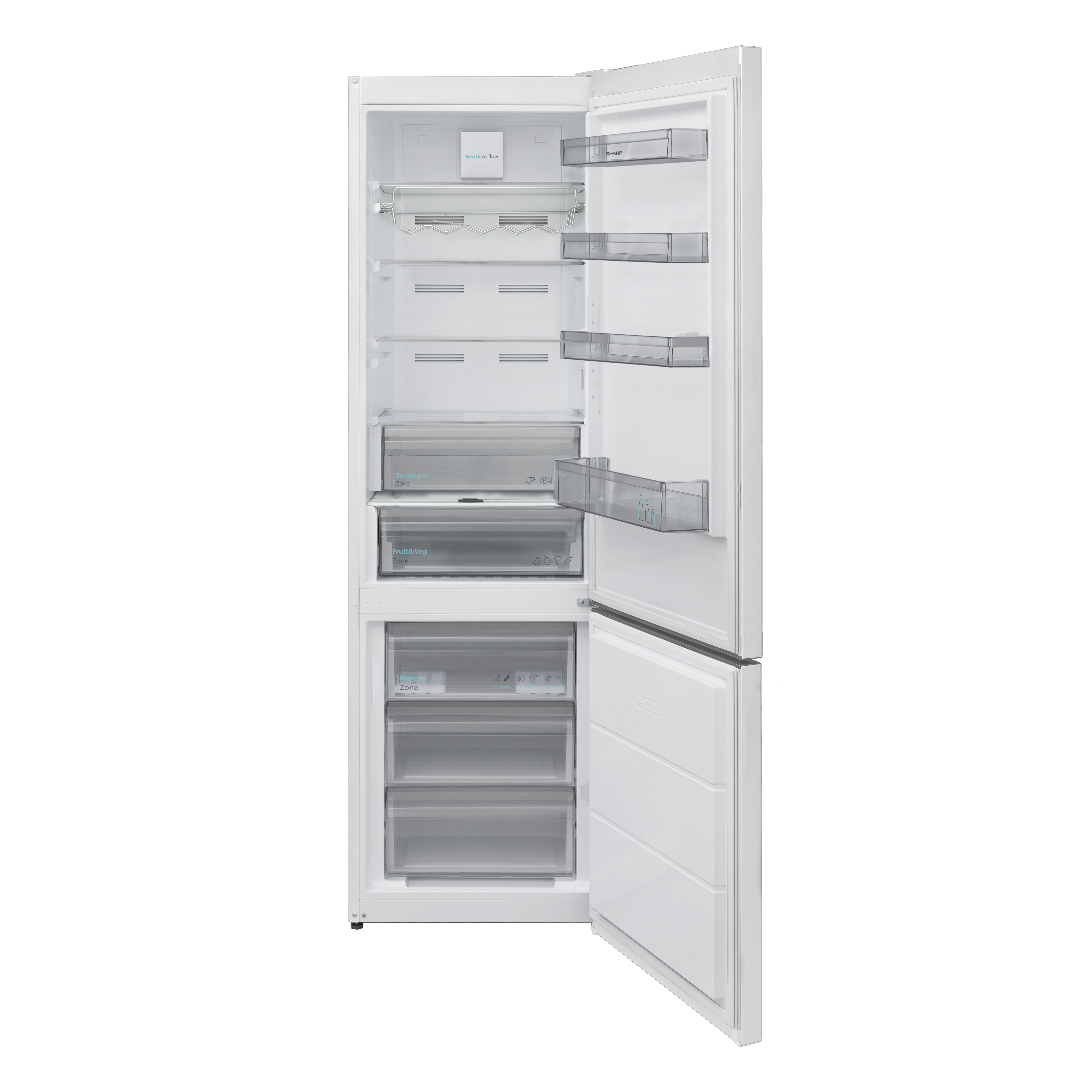 White refrigerator with an open door, showing shelves, drawers, and internal compartments.