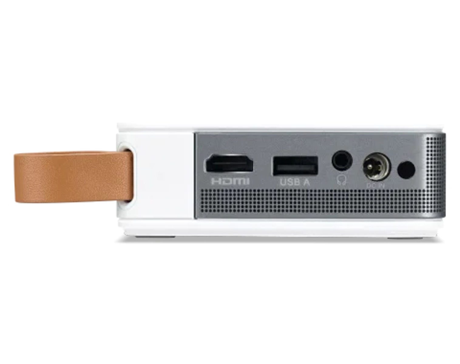 Piccolo proiettore bianco con porte di connessione e cinturino marrone.