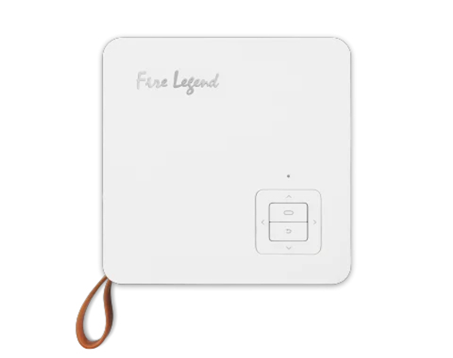 Dispositivo quadrato bianco con pannello di pulsanti e cinturino marrone, etichettato Fire Legend.