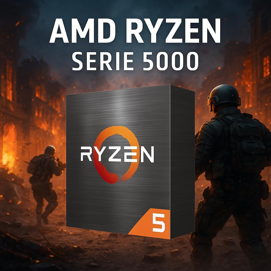Caja AMD Ryzen Serie 5000, plateada, con logo Ryzen 5 y dos soldados en un campo de batalla.