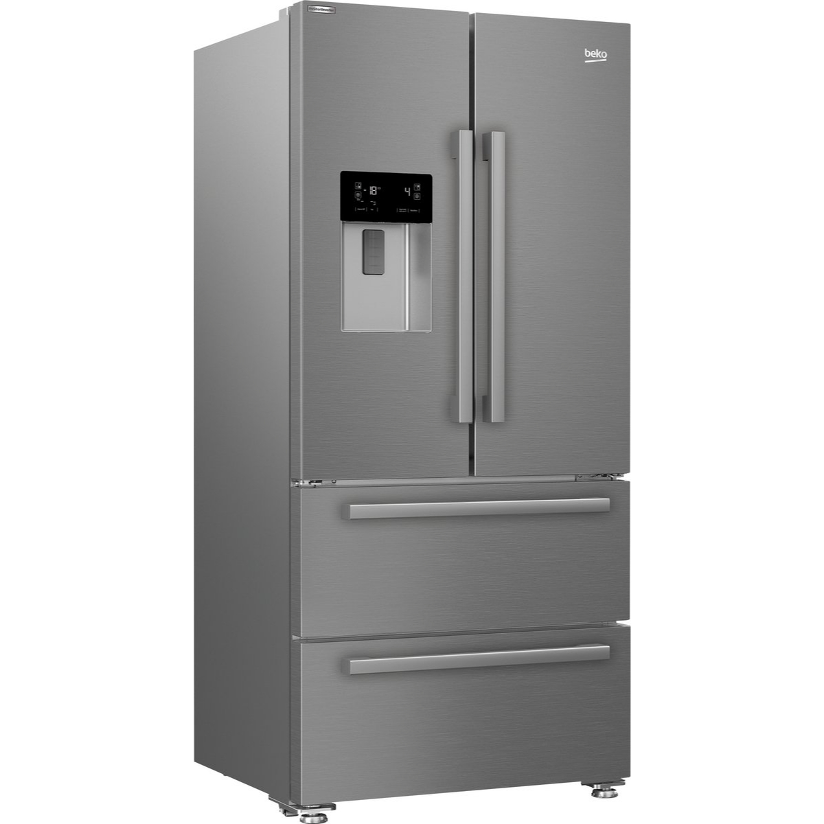 Refrigerador de acero inoxidable con tres puertas y dispensador de agua.