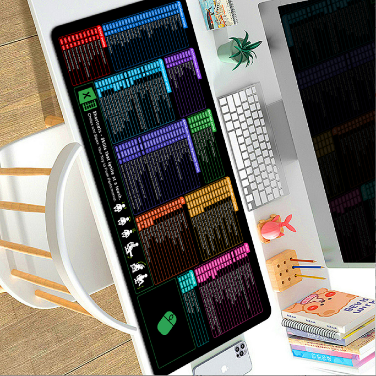Una scrivania con un tappetino per il mouse con scorciatoie di Excel, una tastiera, un portapenne e altri oggetti.