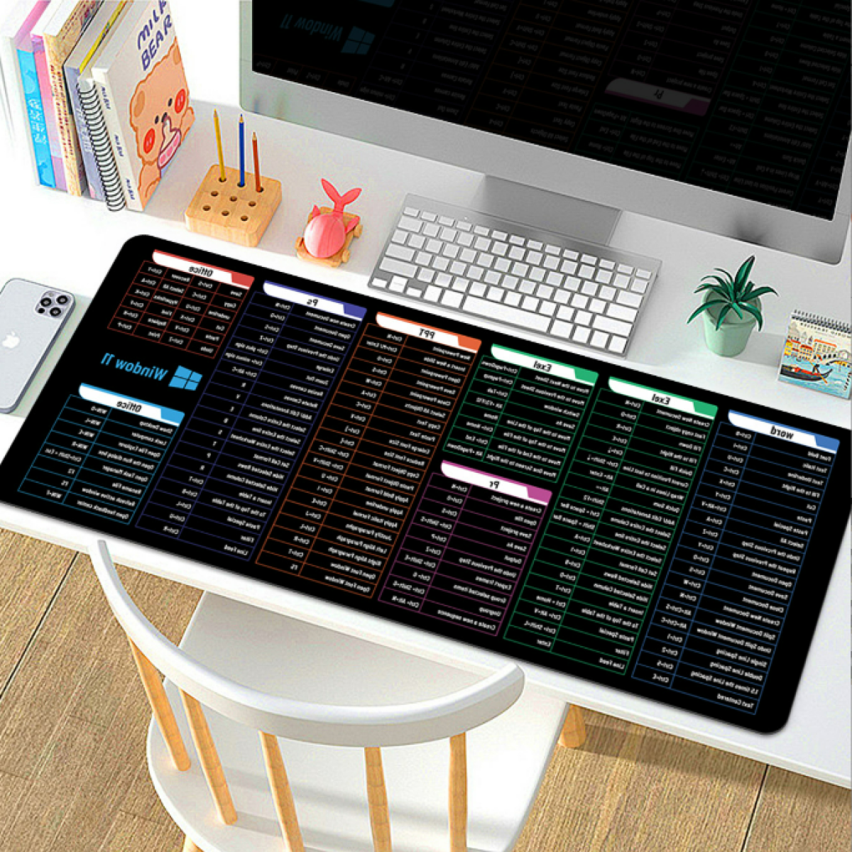 Un tappetino per mouse nero con scorciatoie da tastiera e Windows. È su una scrivania bianca con una sedia.
