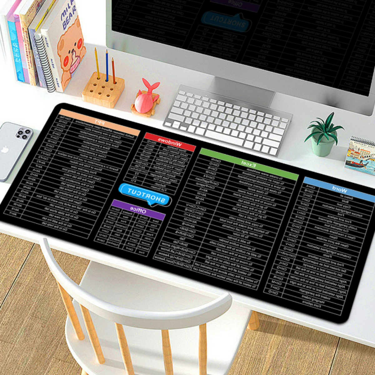 Un tappetino da scrivania con formule di calcolatrice. Un computer, una tastiera e altri elementi sono sulla scrivania.
