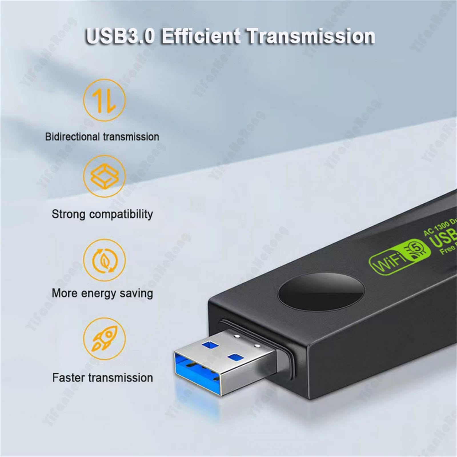 Ein schwarzes USB-Gerät mit blauem USB-Anschluss und Symbolen zur Datenübertragung.