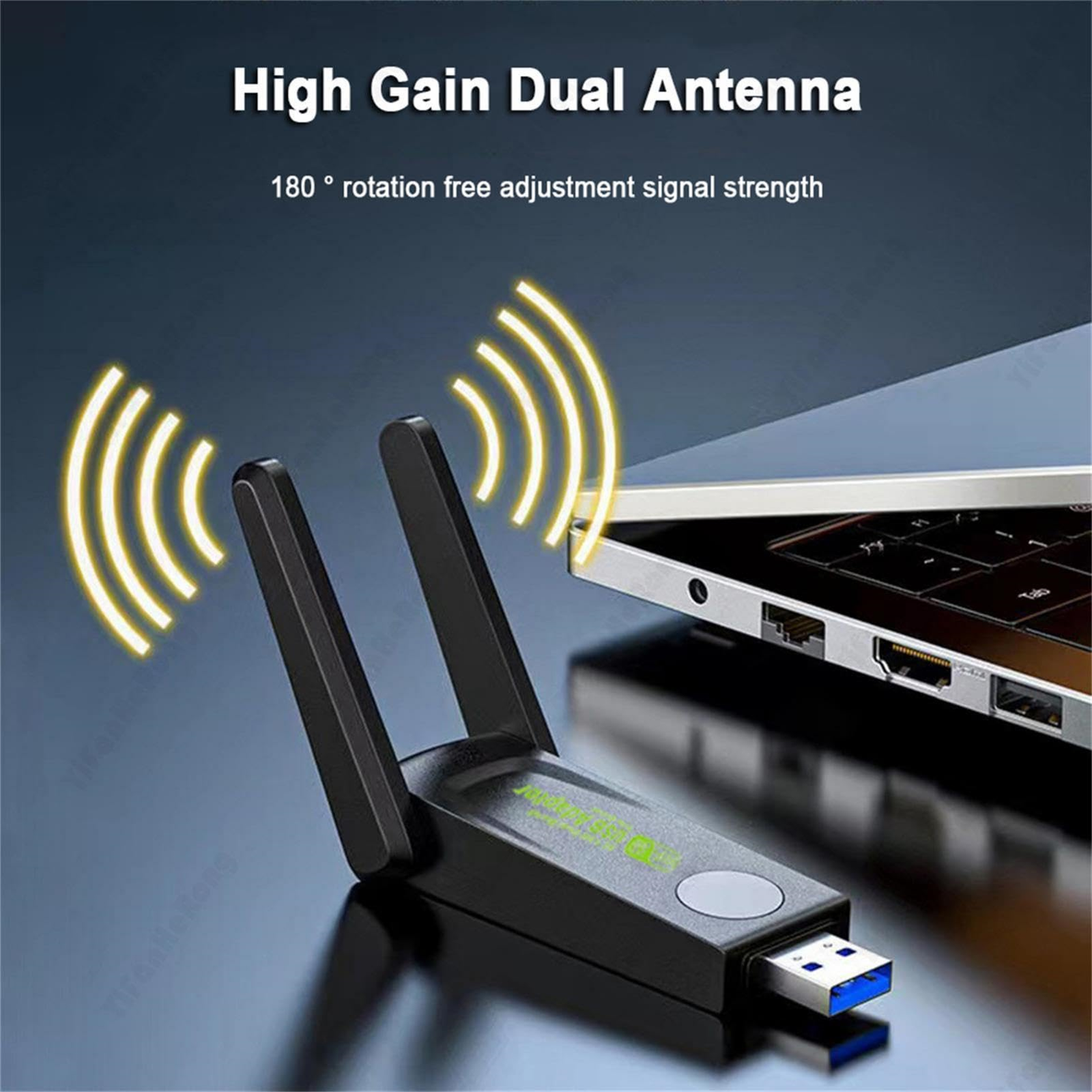 Schwarzer USB-WLAN-Adapter mit zwei Antennen.
