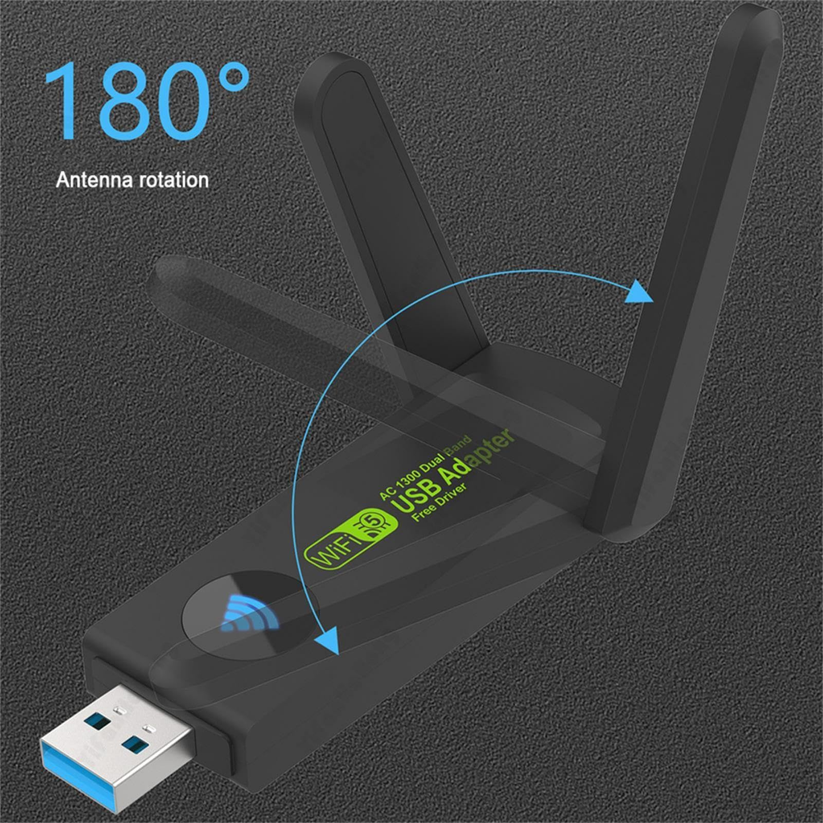 USB-WLAN-Adapter mit Antennen. Zeigt Antennendrehung und Anschlussdiagramm.