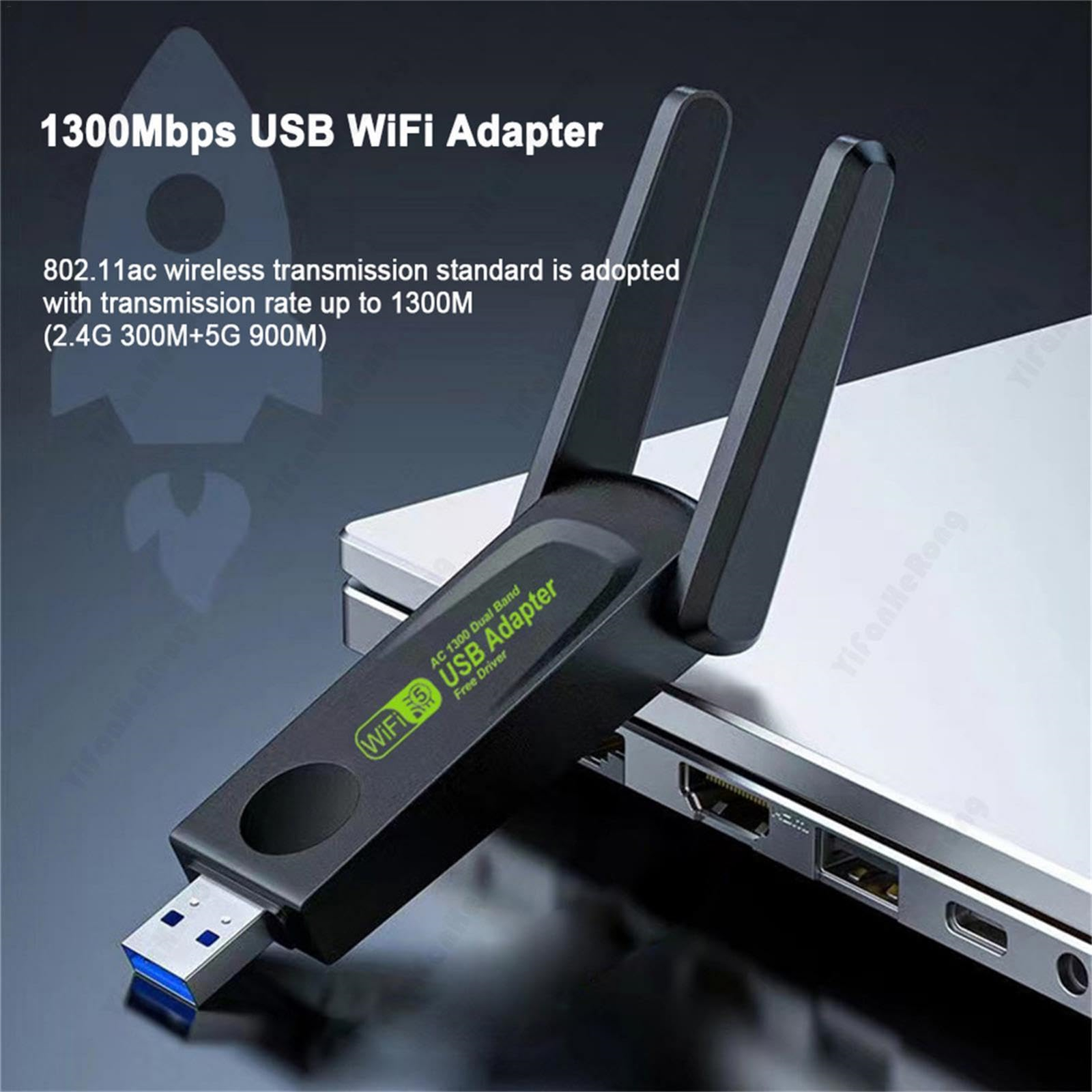 Ein schwarzer USB-WLAN-Adapter mit zwei Antennen, ein Laptop im Hintergrund und Text über seine Funktionen.