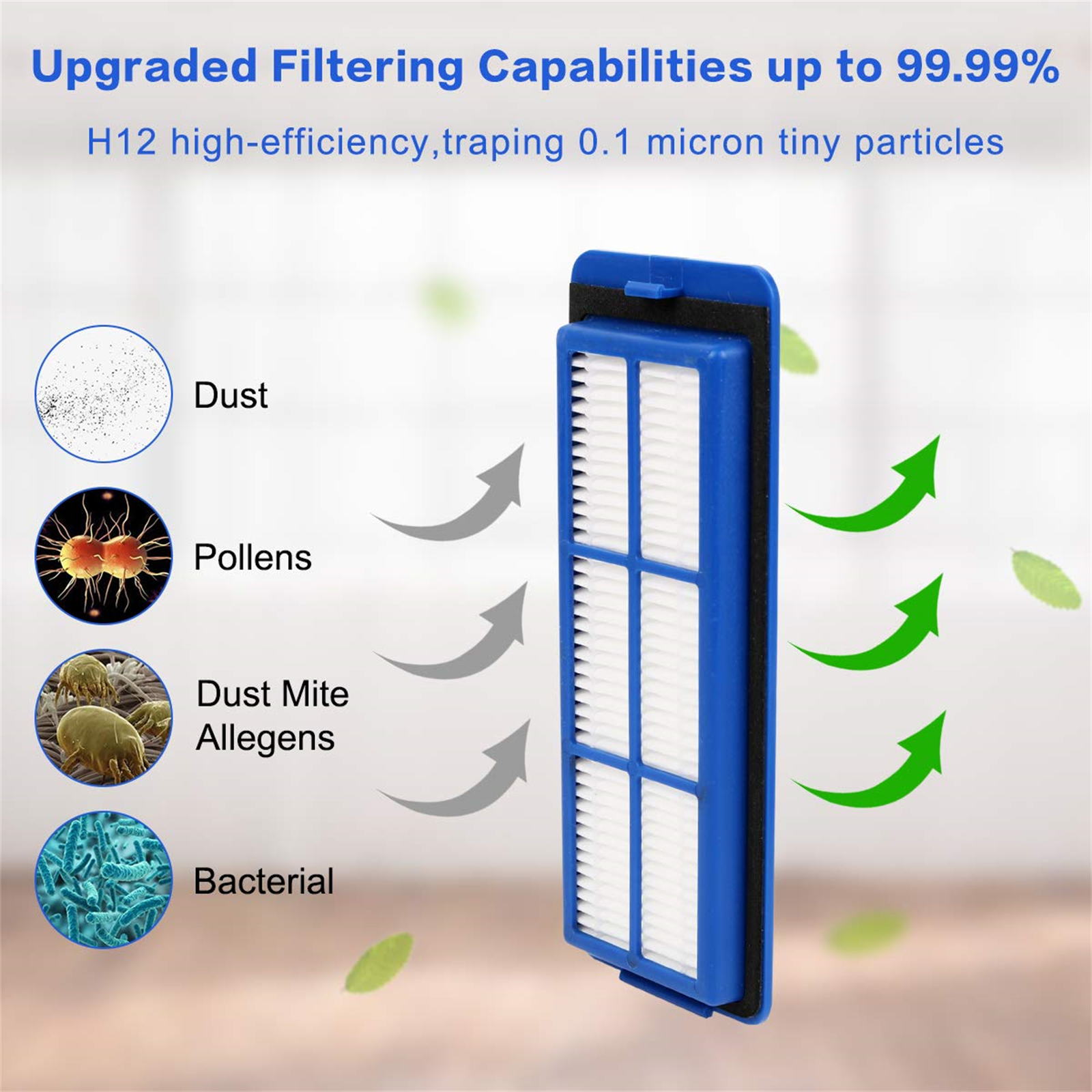 Filter mit Staub, Pollen, Hausstaubmilbenallergenen und Bakterienillustrationen, mit Pfeilen zur Filtration.