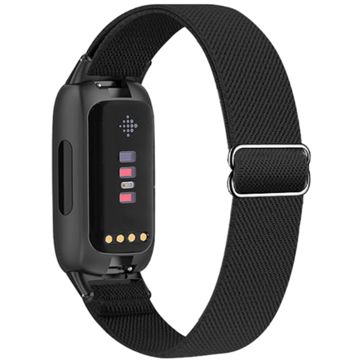 Ein schwarzer Fitnesstracker mit schwarzem Band.