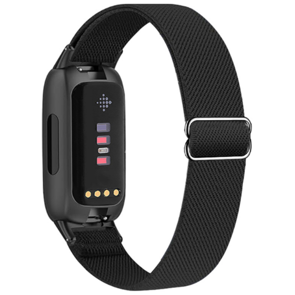 Schwarzer Fitnesstracker mit einem elastischen schwarzen Armband. Die Rückseite sichtbar.