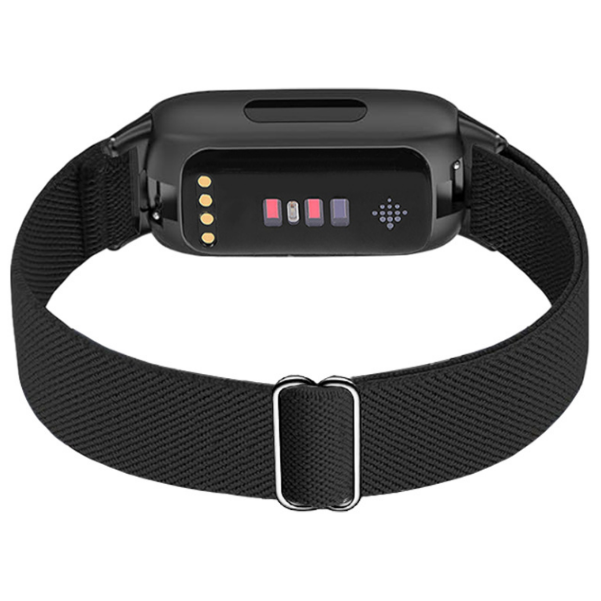 Schwarzer Fitnesstracker mit schwarzem Band und silberner Schnalle. Zeigt Herzfrequenzsensoren.