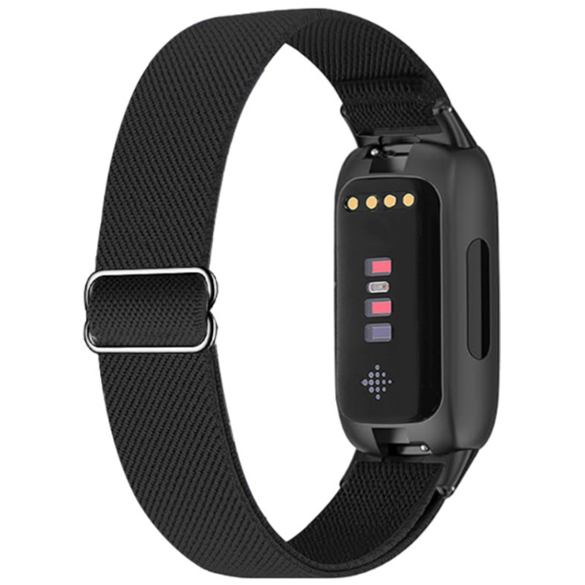 Schwarzer Fitness-Tracker mit schwarzem Band und silberner Schnalle.