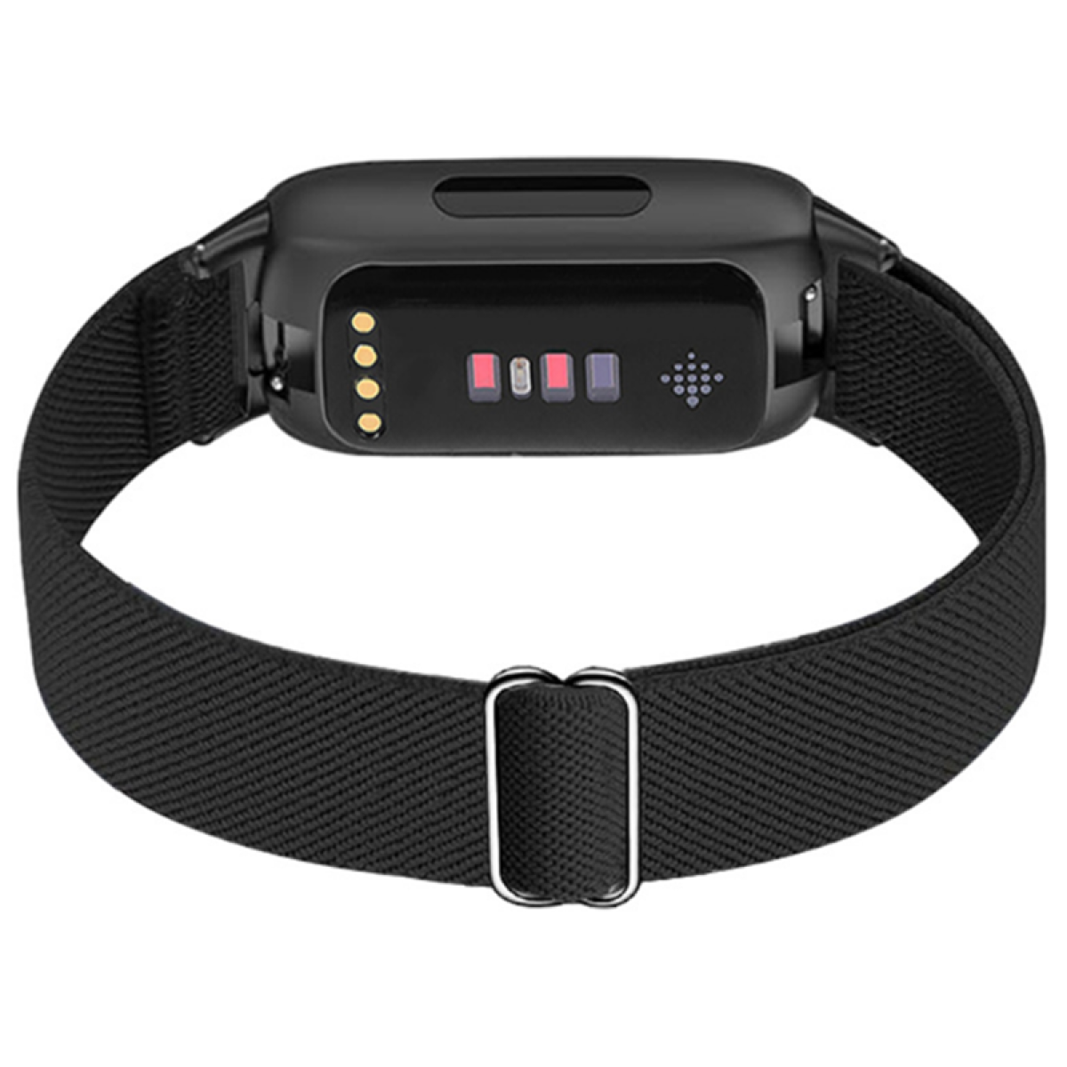 Ein schwarzer Fitnesstracker mit schwarzem Armband und Verschluss, zeigt rote und blaue Lichter.