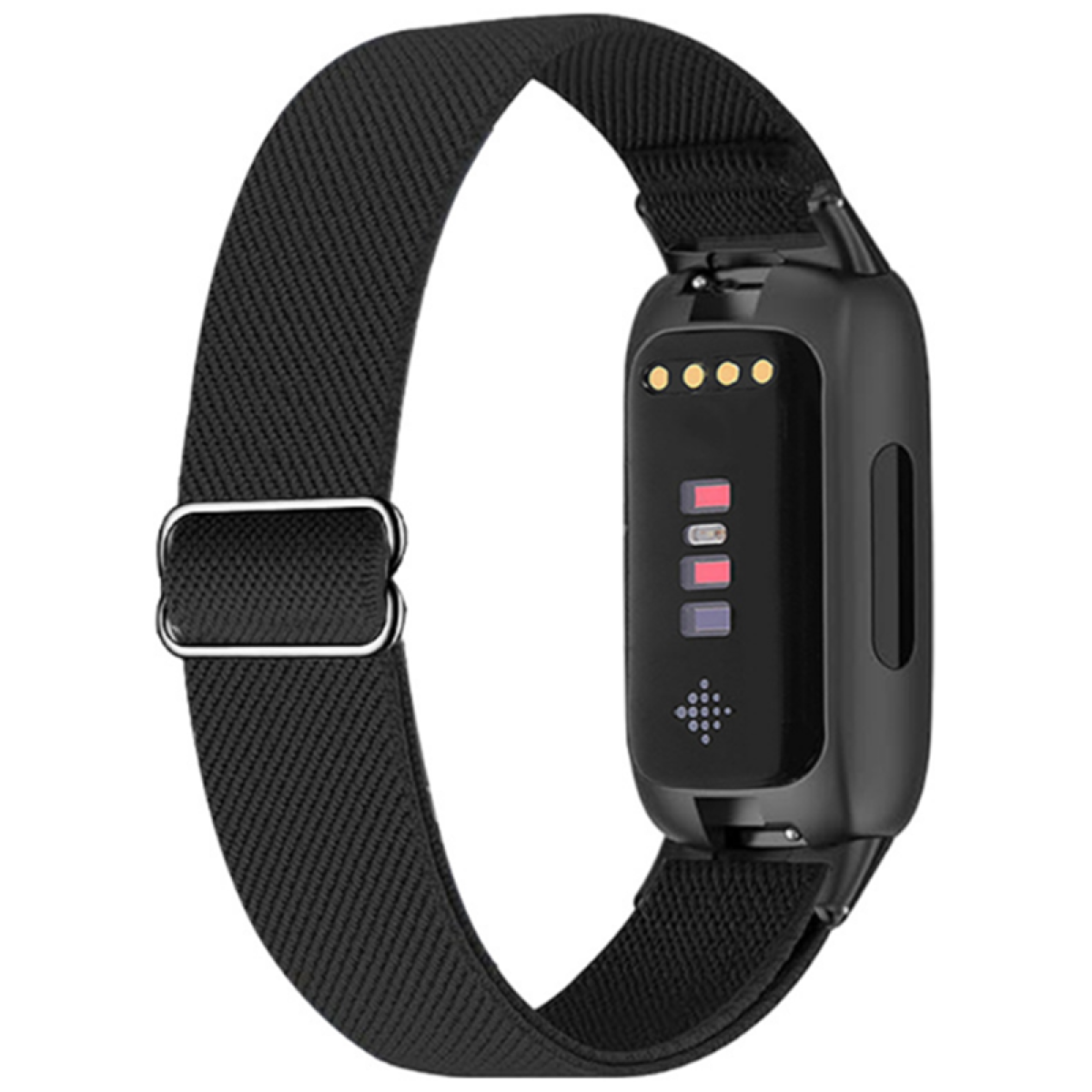 Schwarzes Fitnessband mit Display und schwarzem Armband mit Metallschnalle.