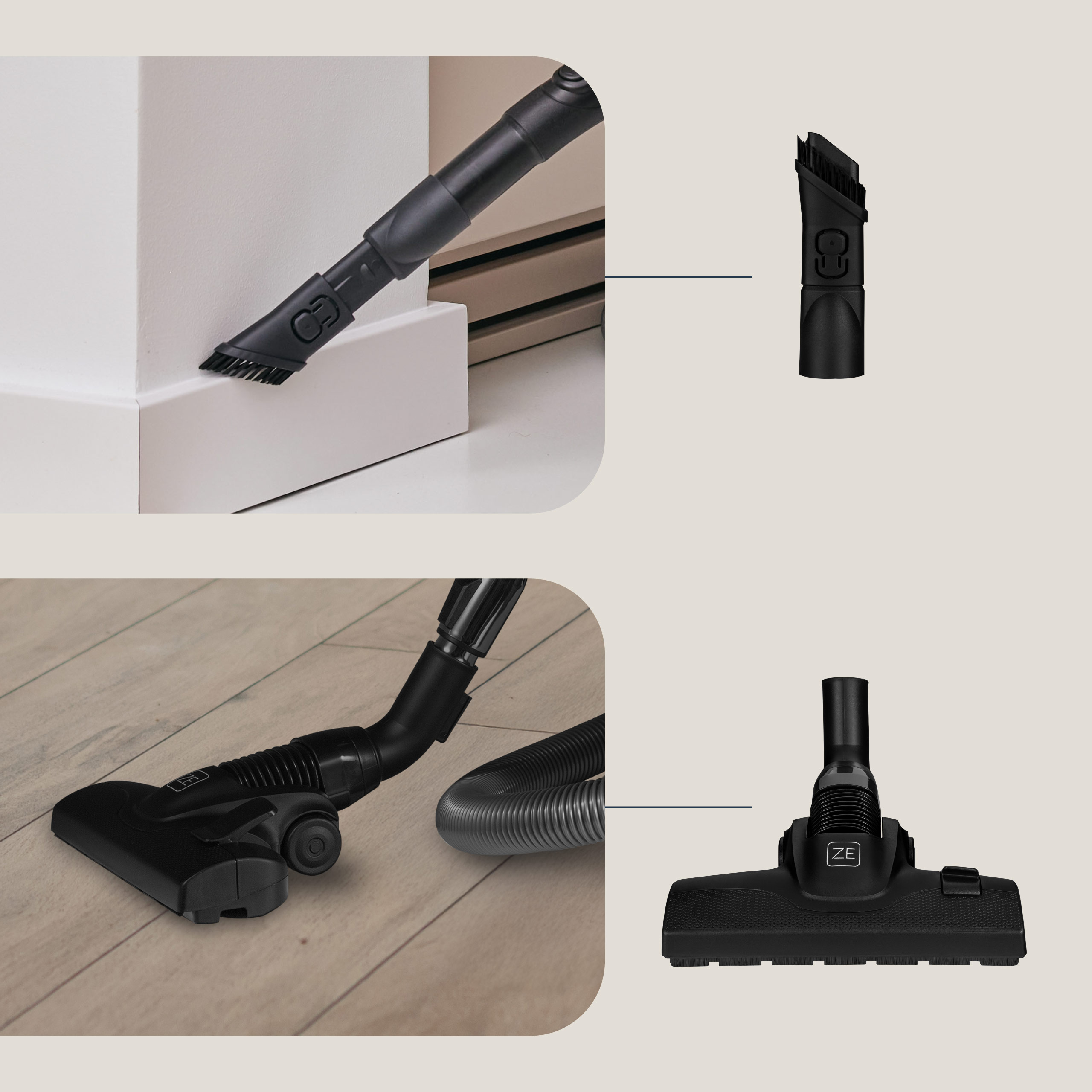 Części odkurzacza. Czarna dysza i głowica szczotki spoczywająca na drewnianej podłodze.