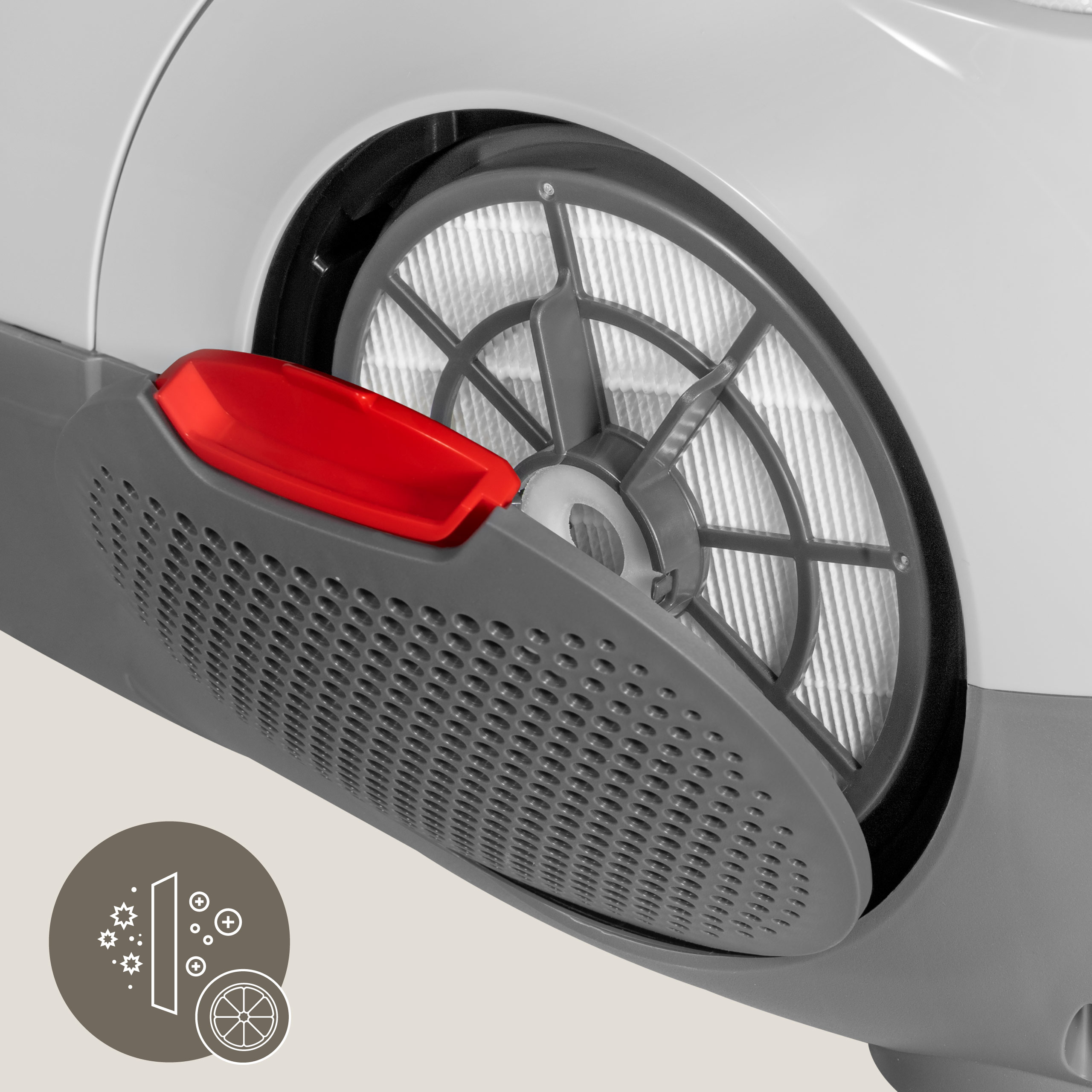 Szary element odkurzacza z czerwonym przyciskiem zwalniającym, ukazujący filtr i schemat.
