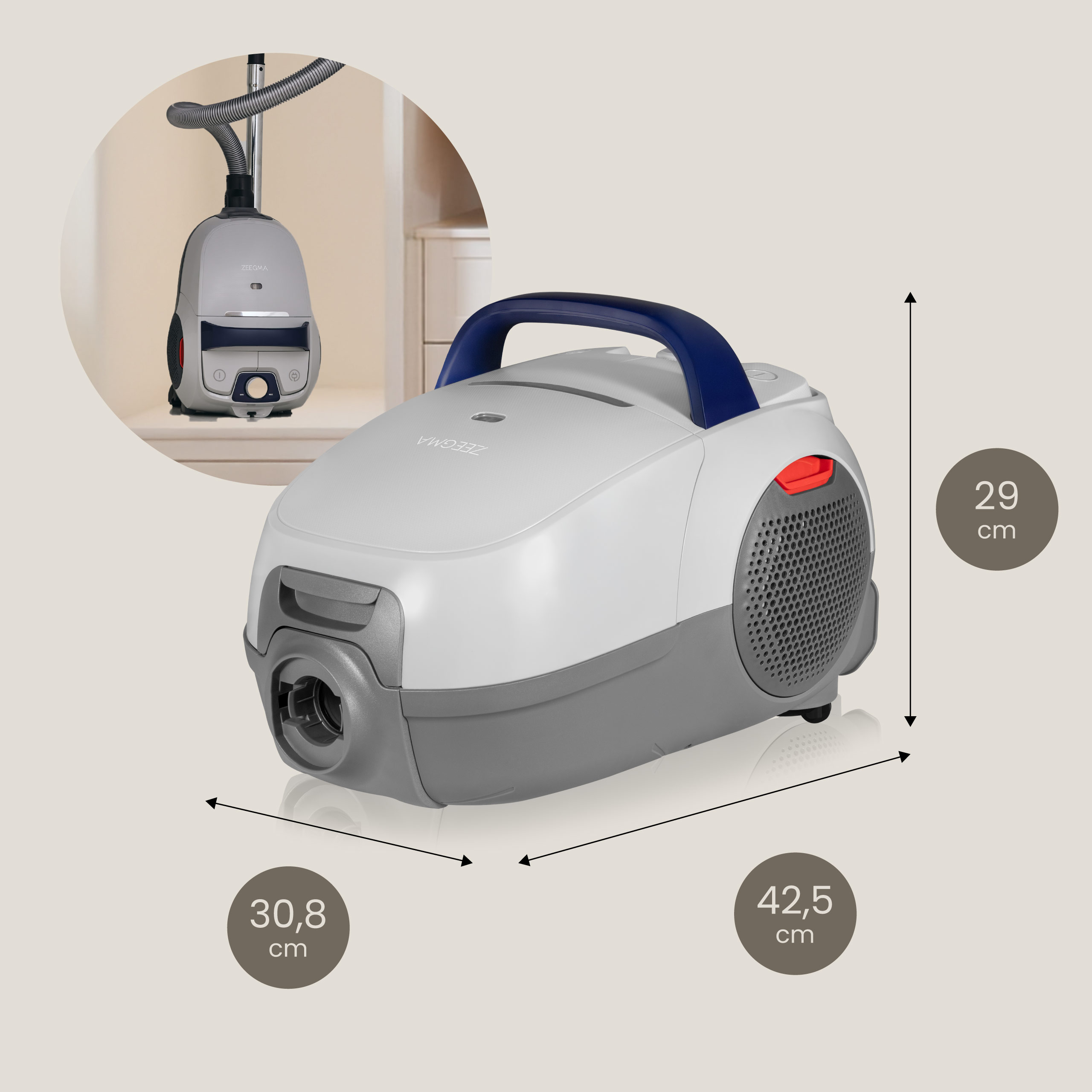 Odkurzacz z pokazanymi wymiarami. Jest biało-szary, z niebieskim uchwytem. Widoczne są etykiety pomiarowe.