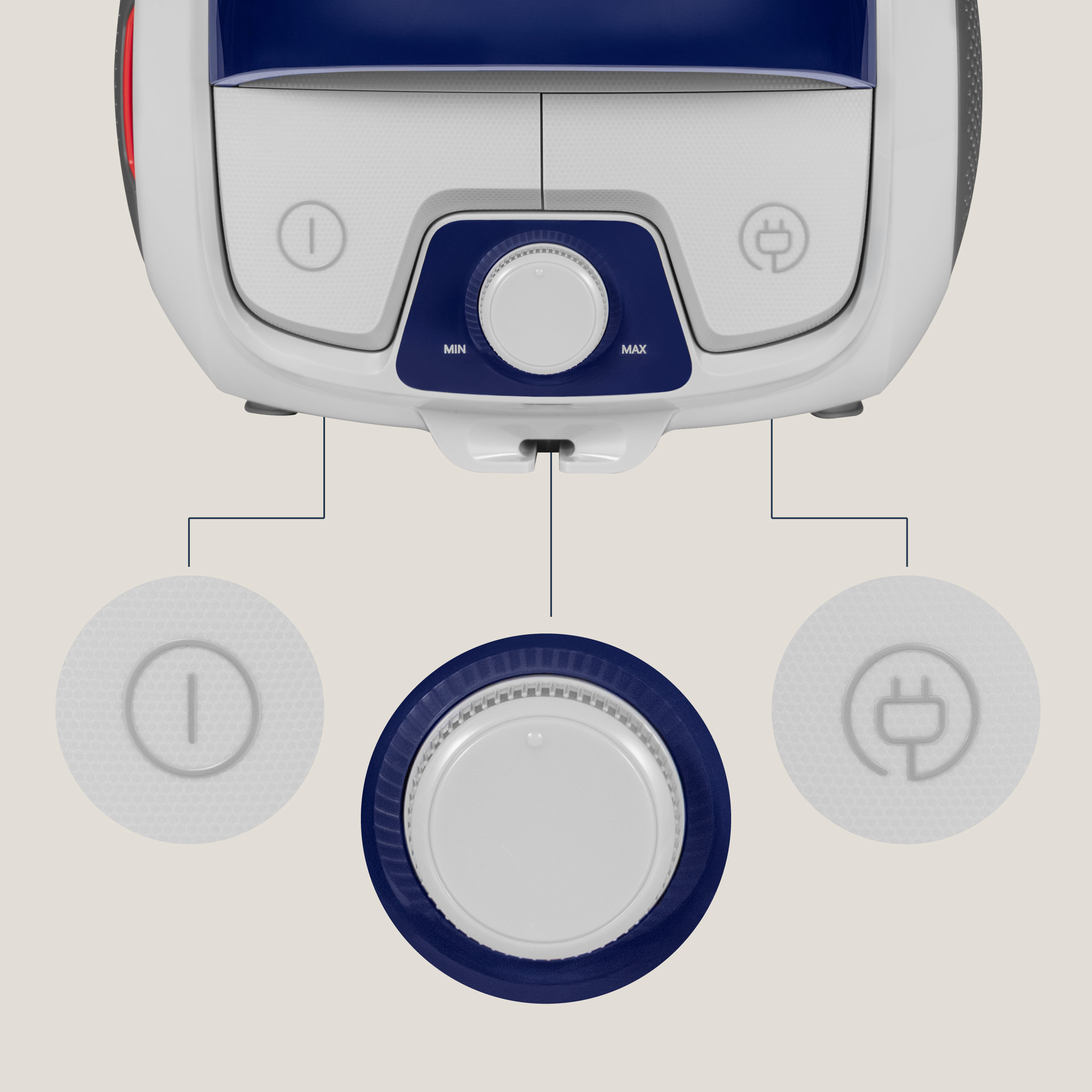 Panel sterowania odkurzacza z ustawieniami zasilania i ssania. Schemat kolorów biały i niebieski.