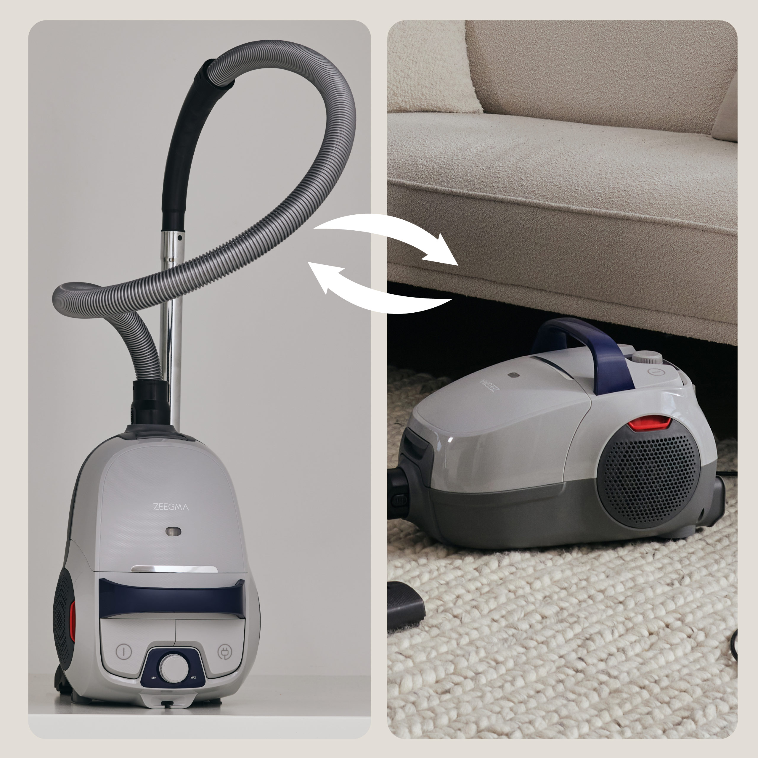 Odkurzacz po lewej i odkurzacz ręczny po prawej, oba szare.