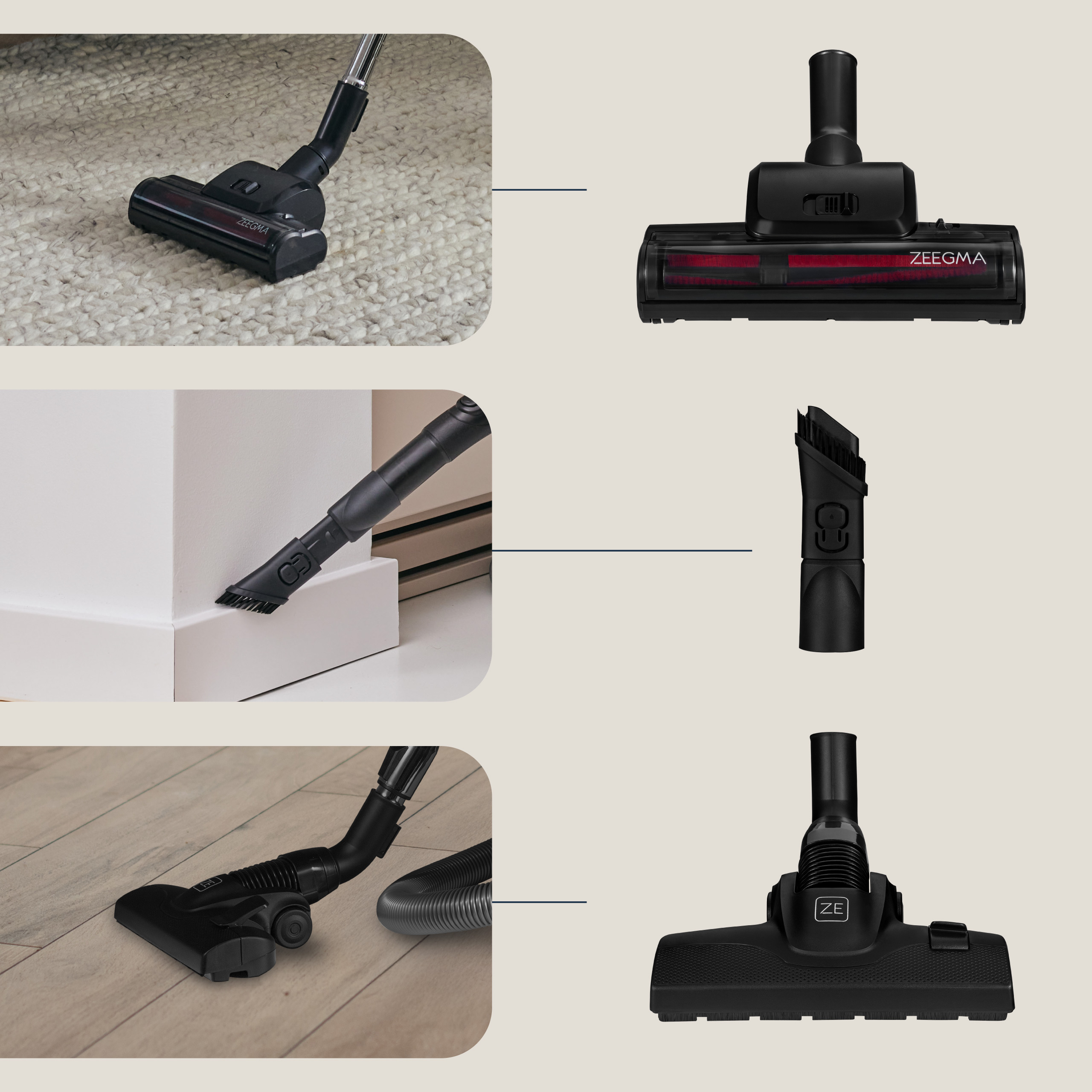 Końcówki do odkurzacza: szczotka na dywanie, ssawka szczelinowa w rogu i ssawka do podłóg na drewnianej podłodze, w kolorze czarnym.